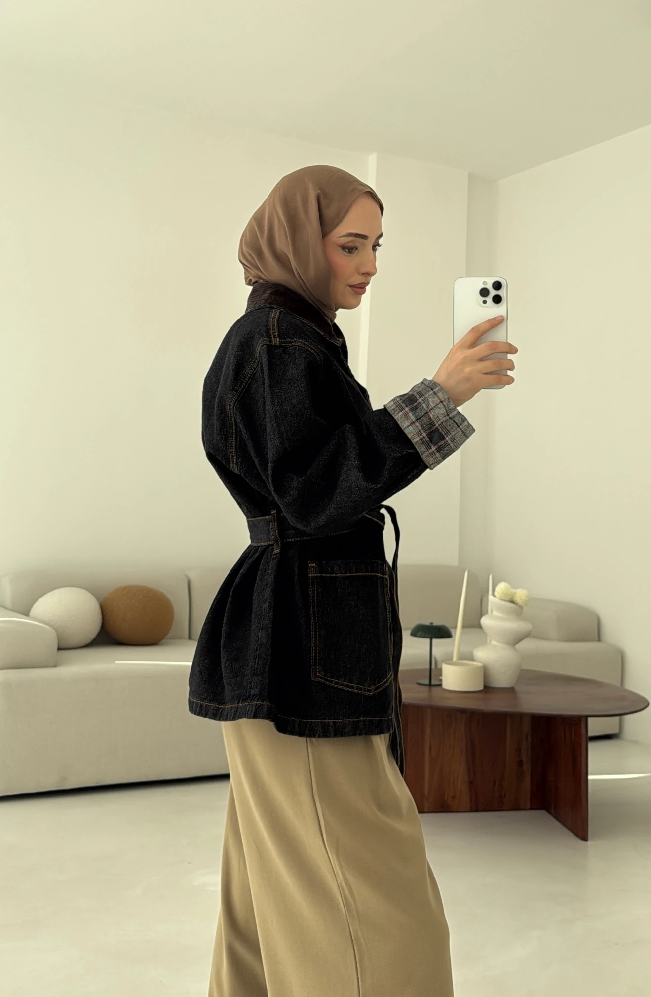 Astarı Ekose Detay Denim Ceket 