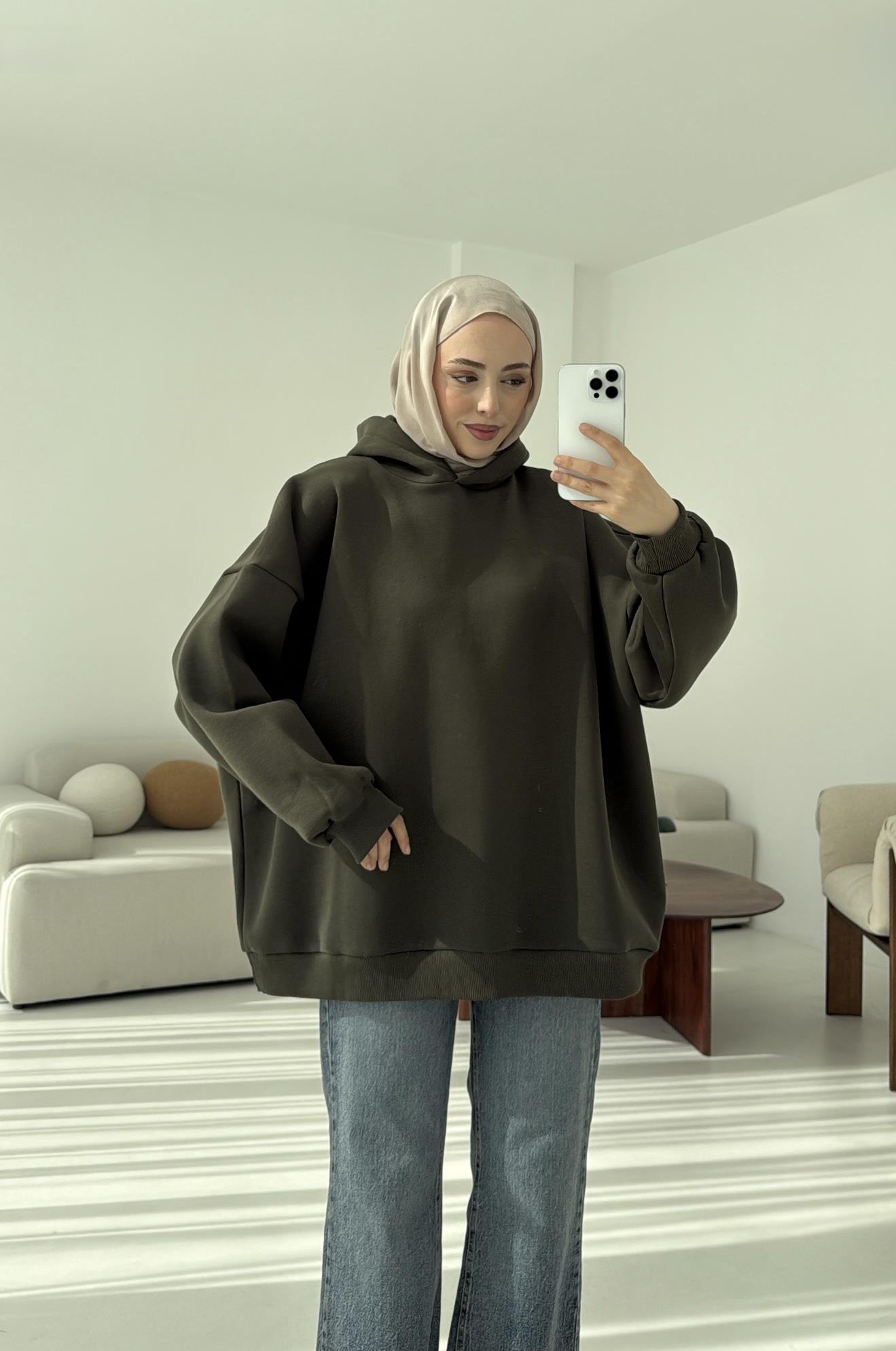 Kapüşonlu Oversize Şardonlu Sweatshirt Haki