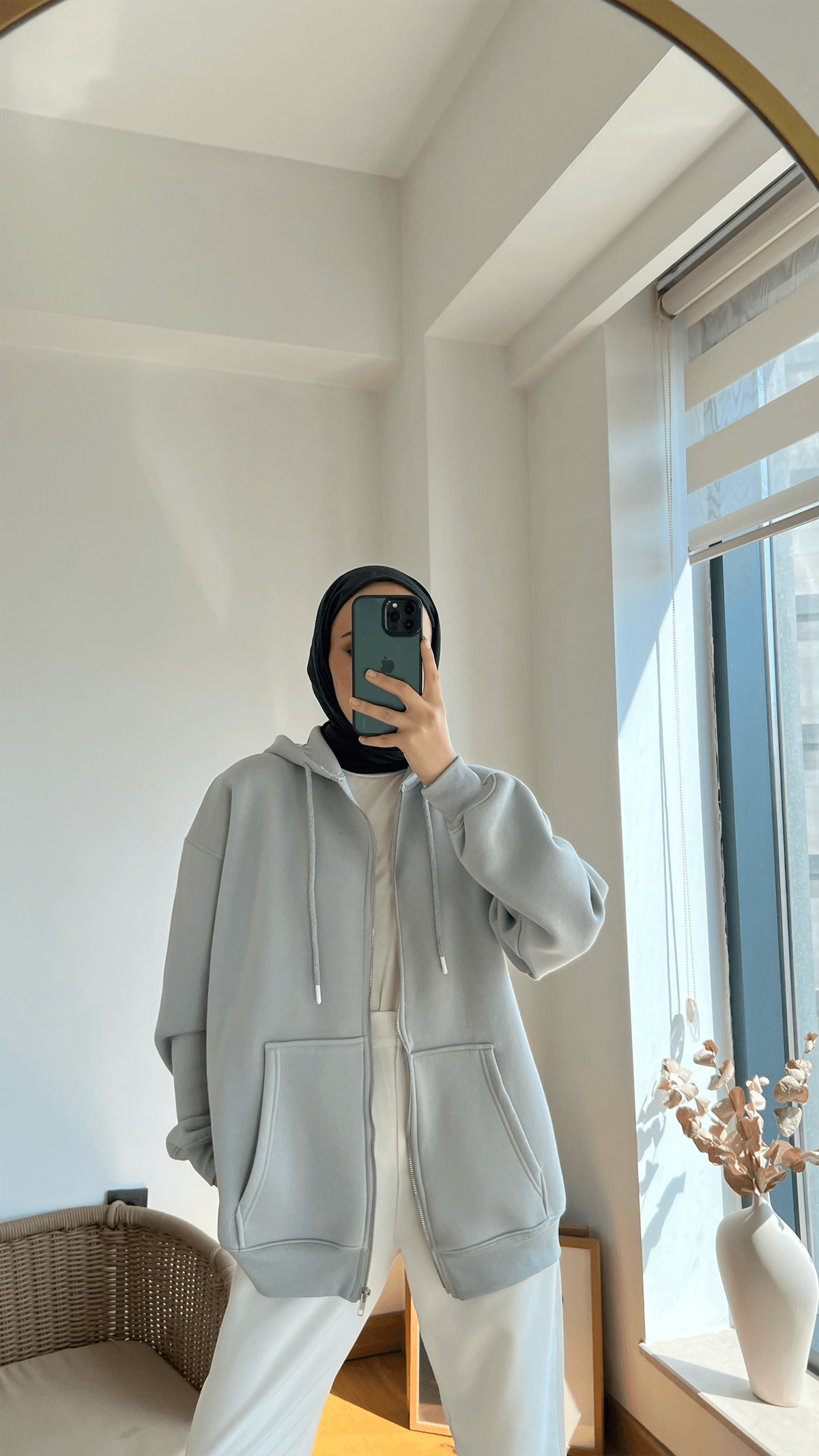 Şardonlu Kapüşonlu Sweatshirt Gri