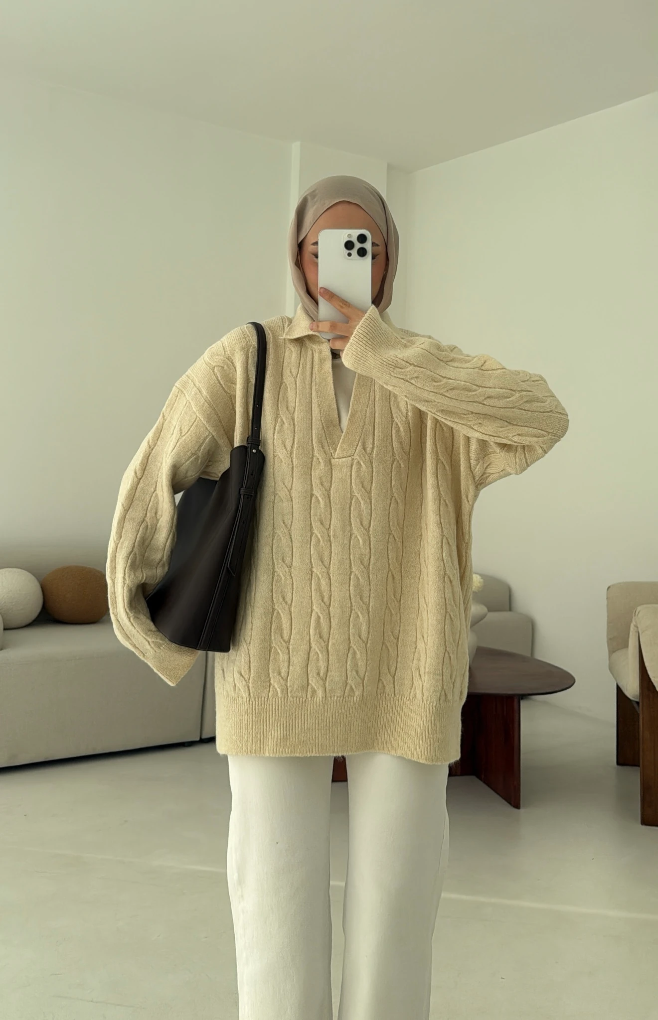 Polo Yaka Örgü Kazak Krem