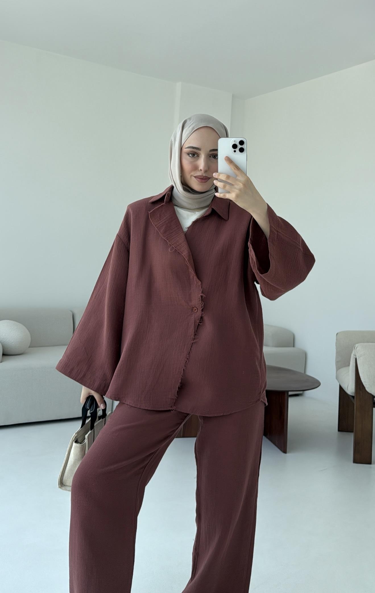 Müslin Düğmeli Kimono Takım Kiremit