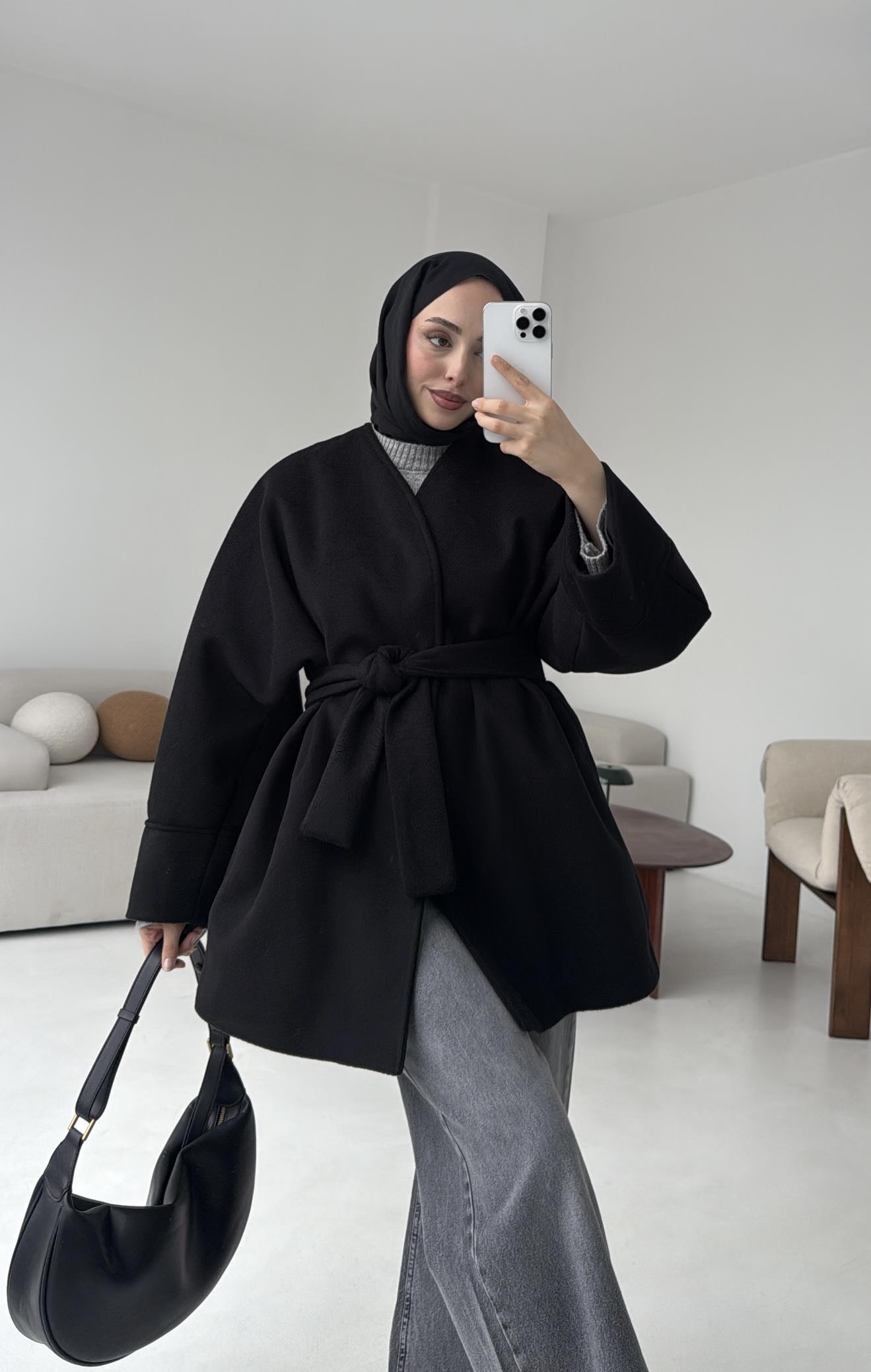 Premium Kuşaklı Kaşe Kaban Siyah
