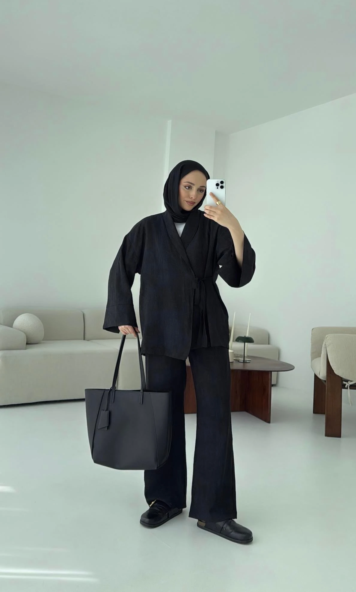 Siyah Yandan Baglamalı Kimono Takım