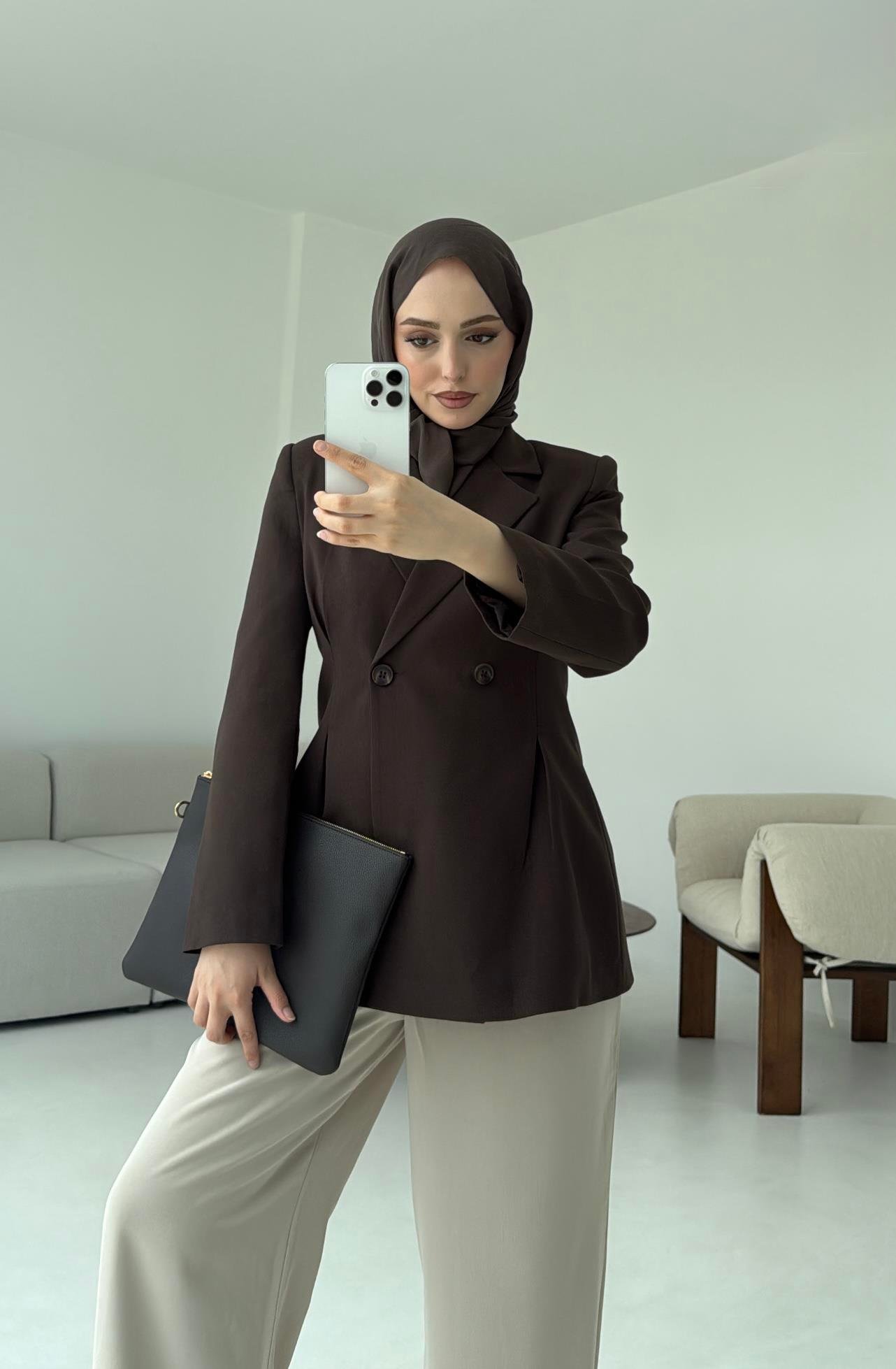 Pile Detay Blazer Ceket Kahve