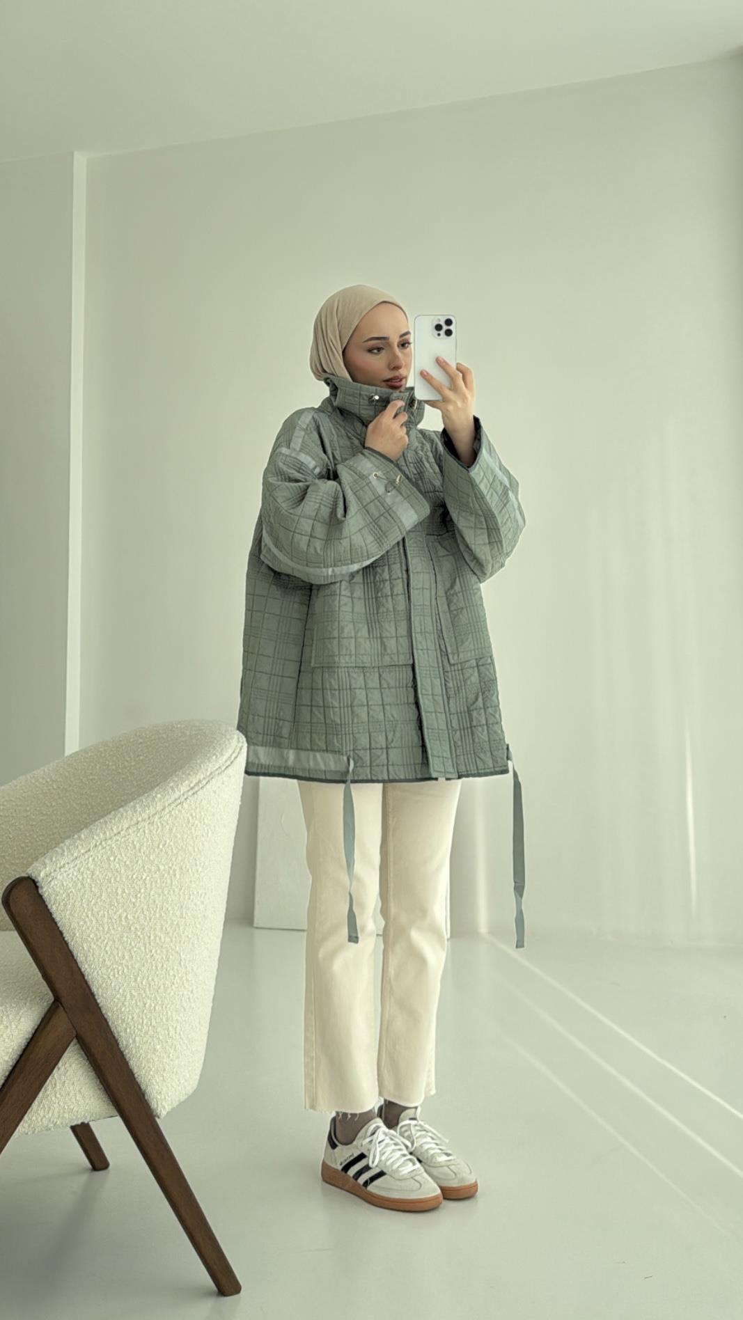 Kapitone Oversize Kol Detay Ceket Yeşil