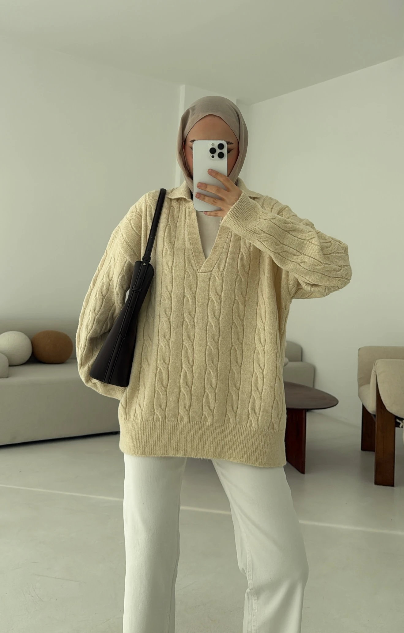 Polo Yaka Örgü Kazak Krem