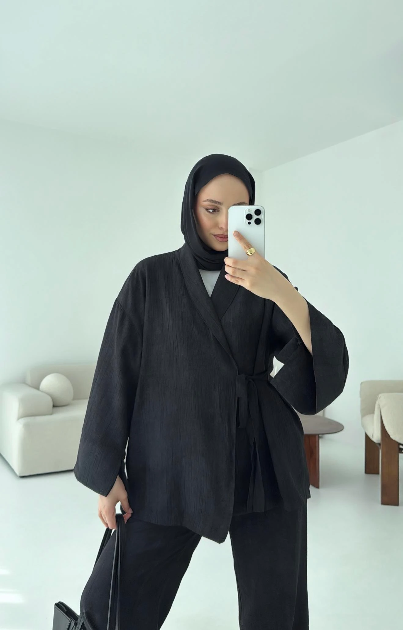 Siyah Yandan Baglamalı Kimono Takım