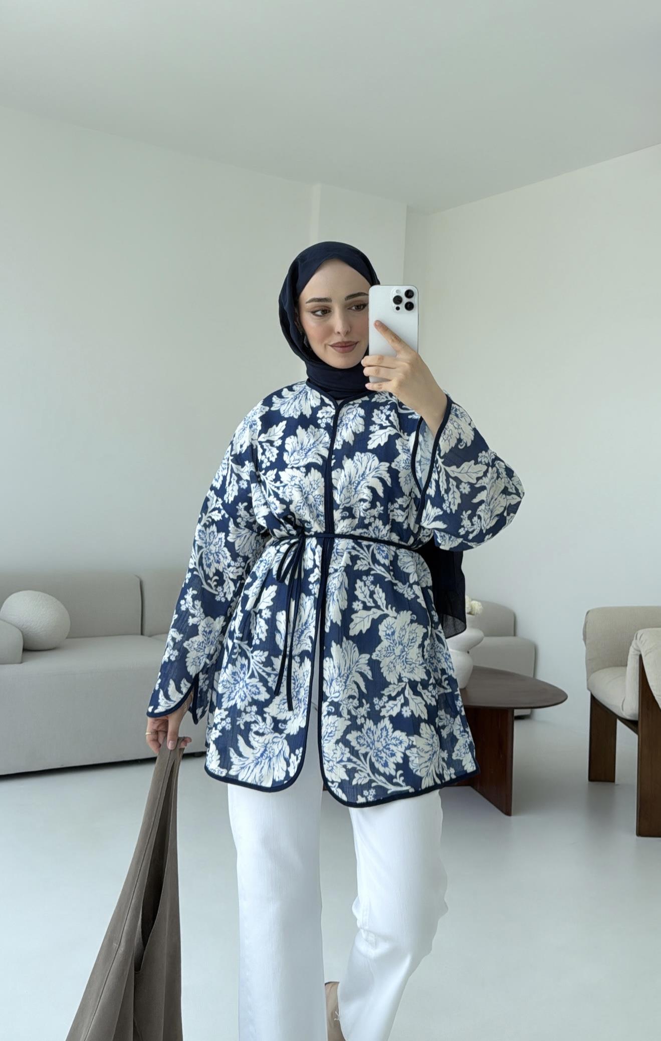 Dijital Baskılı Kimono Lacivert