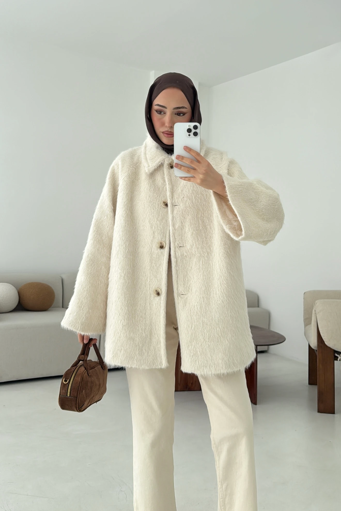 Mohair Reglan Kol Kaban Krem