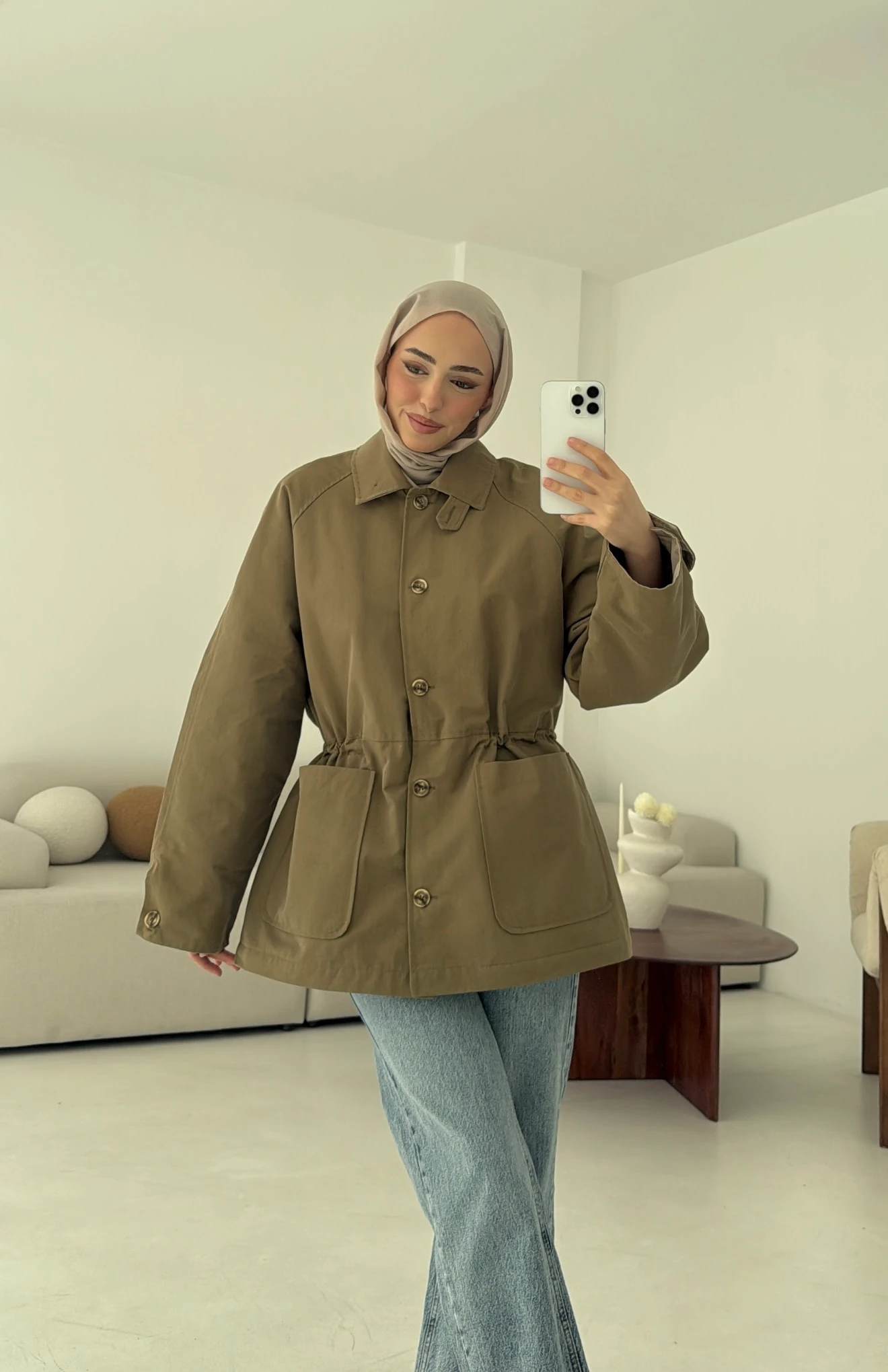 Beli Kordonlu Dolgulu Ceket Haki