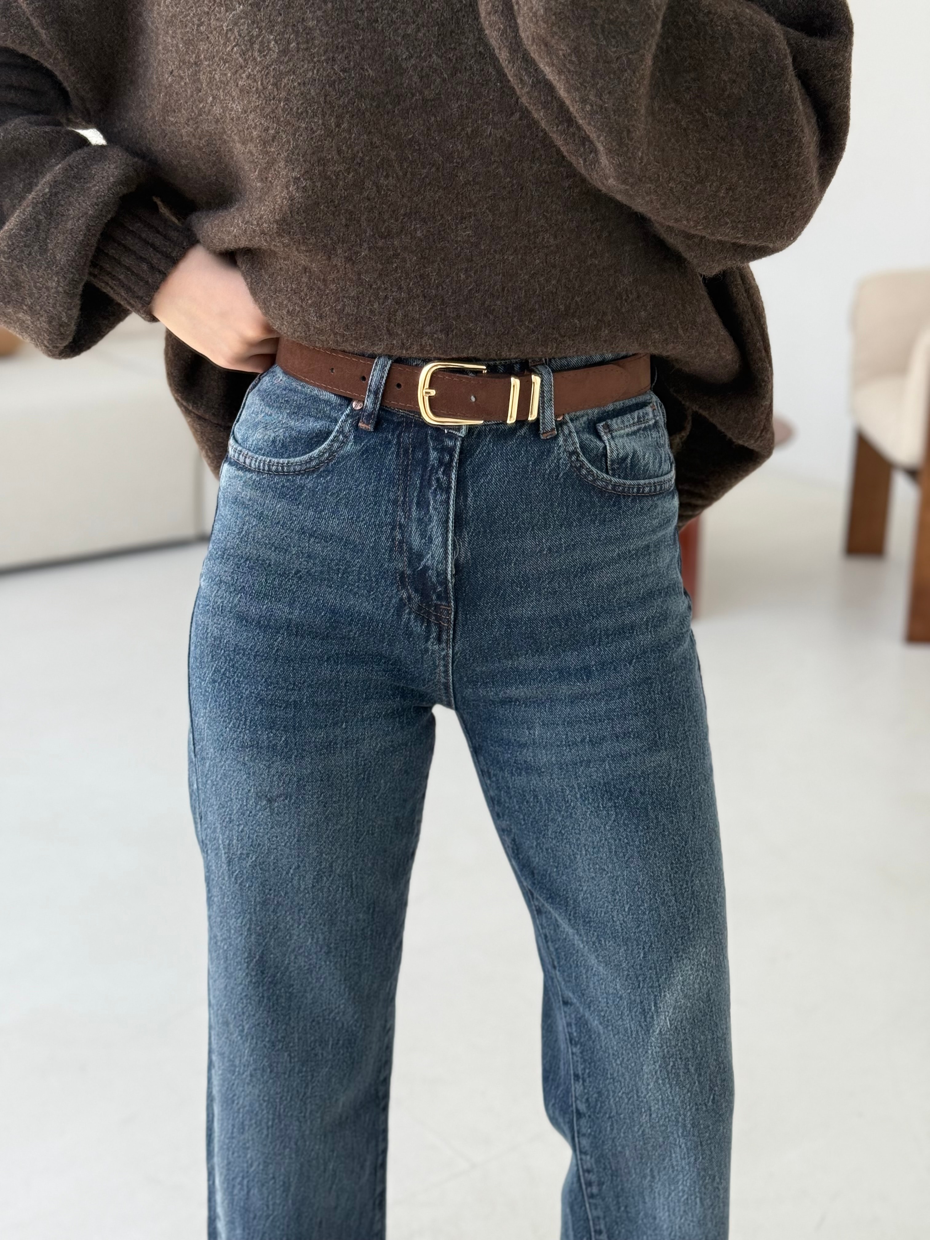 Premium Paçası Kesik Jean Kahve Kemerli