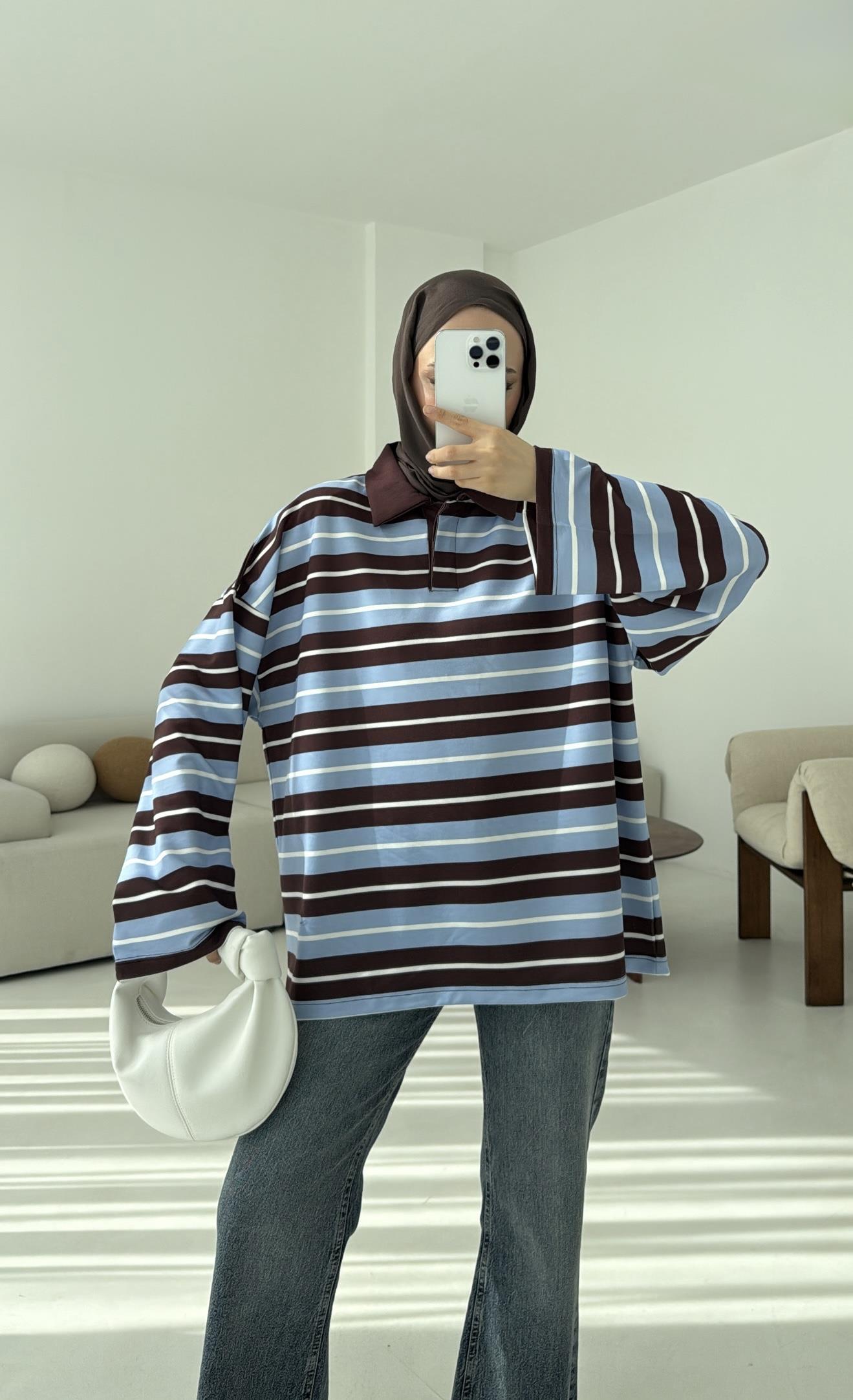 Mavi Çizgili Polo Yaka Sweatshrt