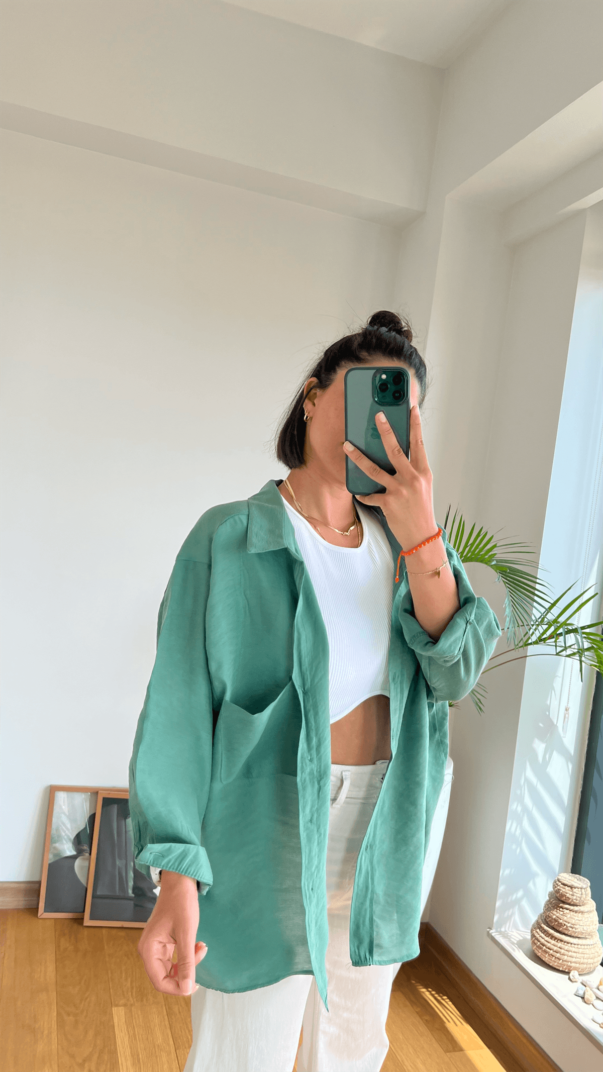 Oversize Pamuk Saten Gömlek Yeşil