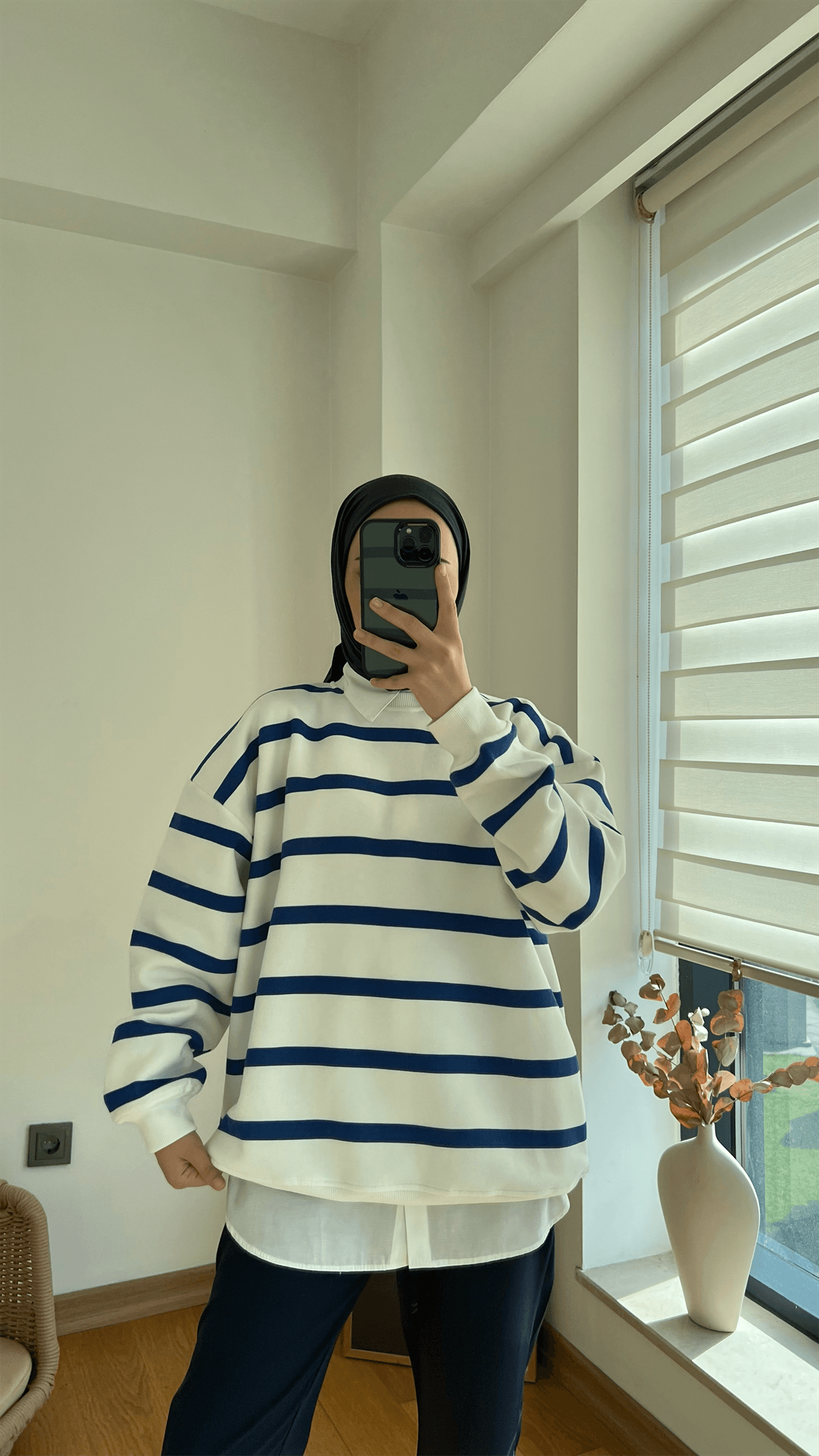 Çizgili Şardonlu Sweatshirt Mavi
