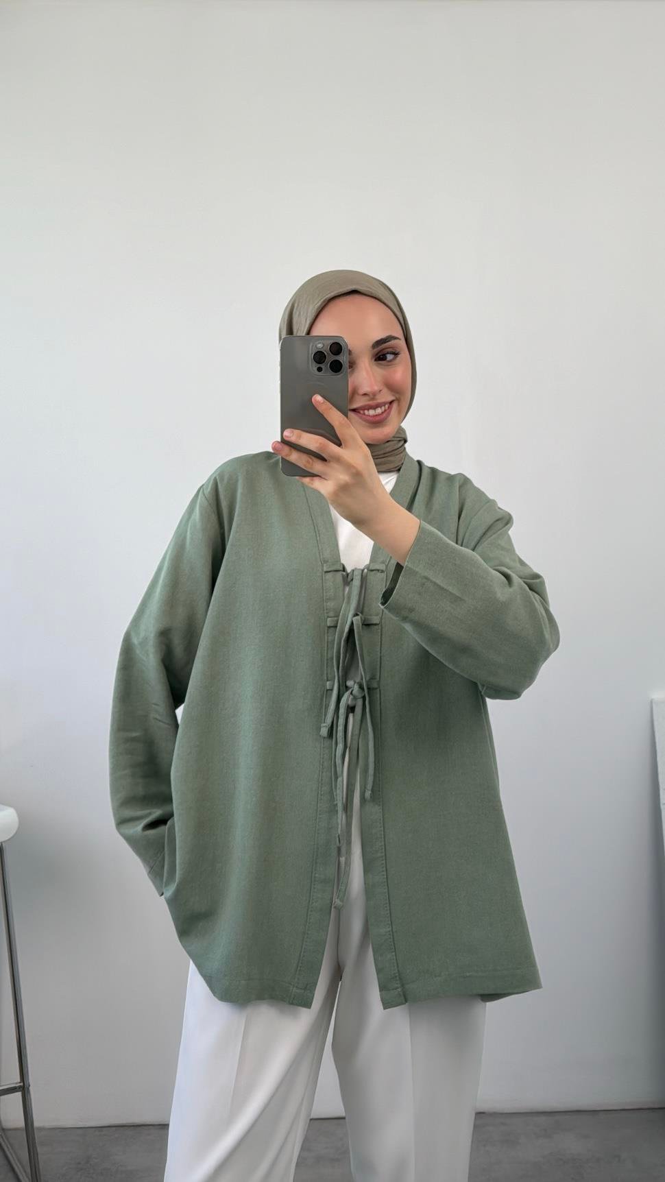 Önden Bağlamlı Keten Kimono Mint