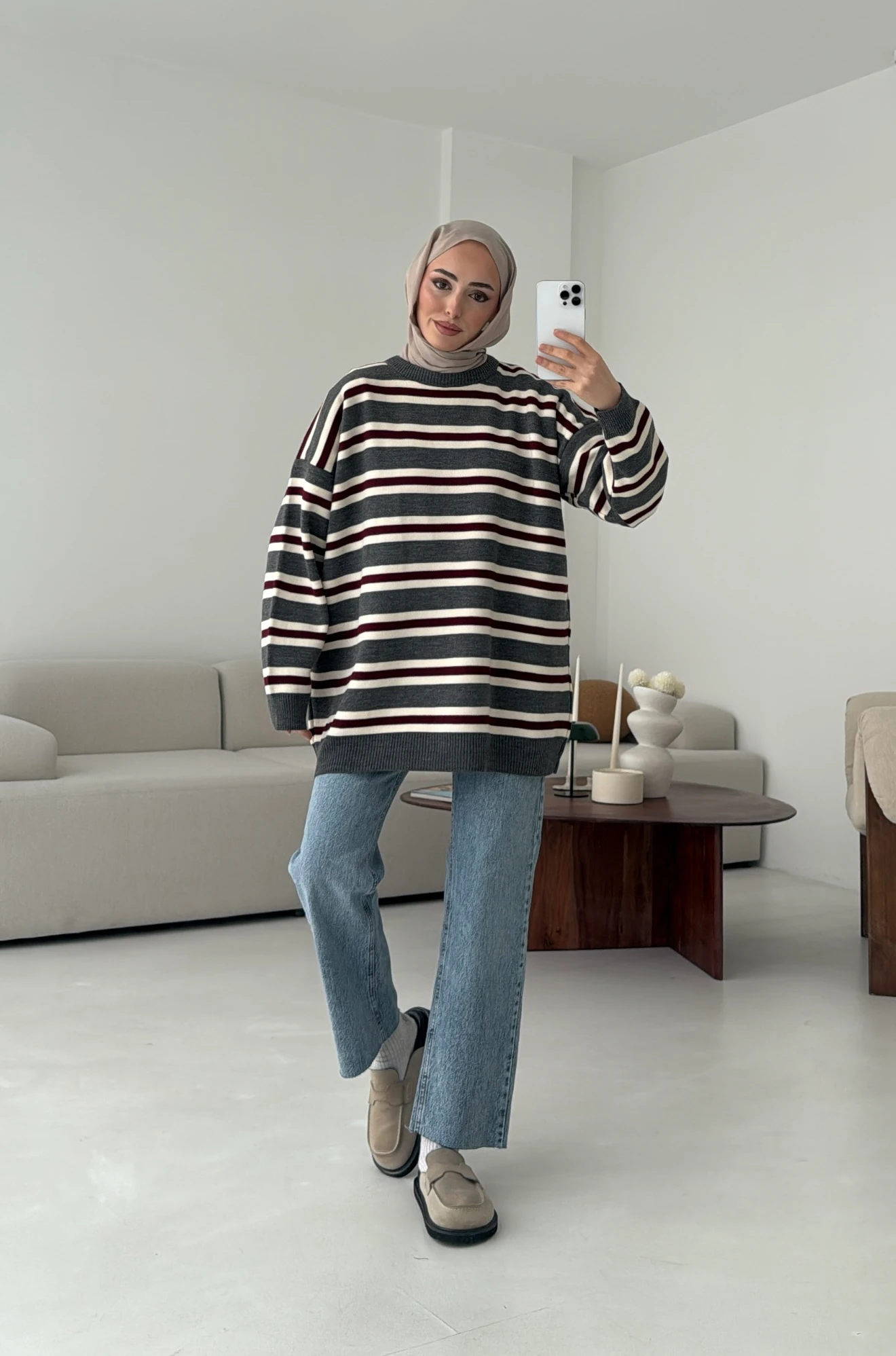 Bisiklet Yaka Çizgili Uzun Triko Kazak Siyah