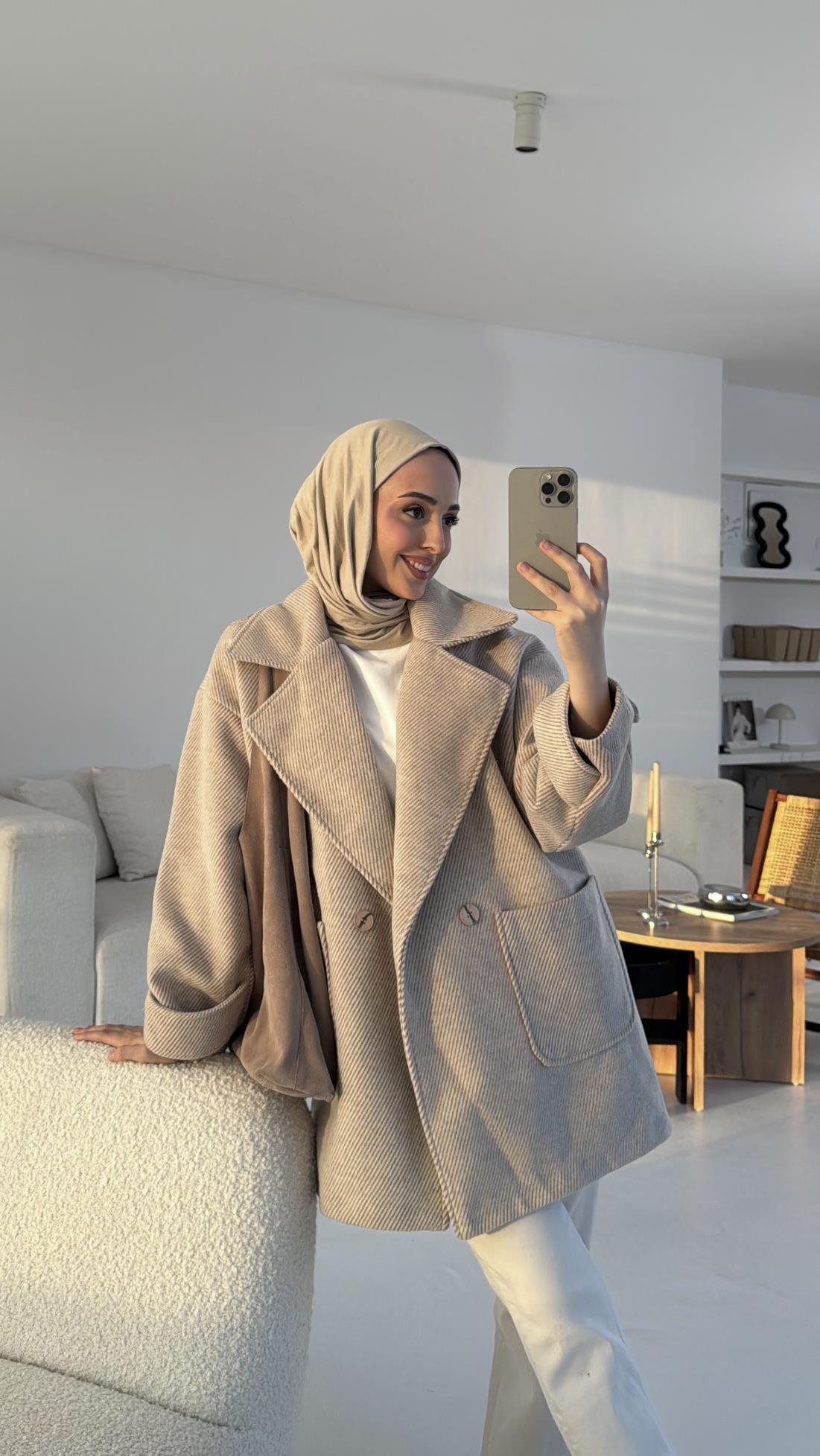 Kendinden Çizgili Oversize Kaşe Kaban Bej