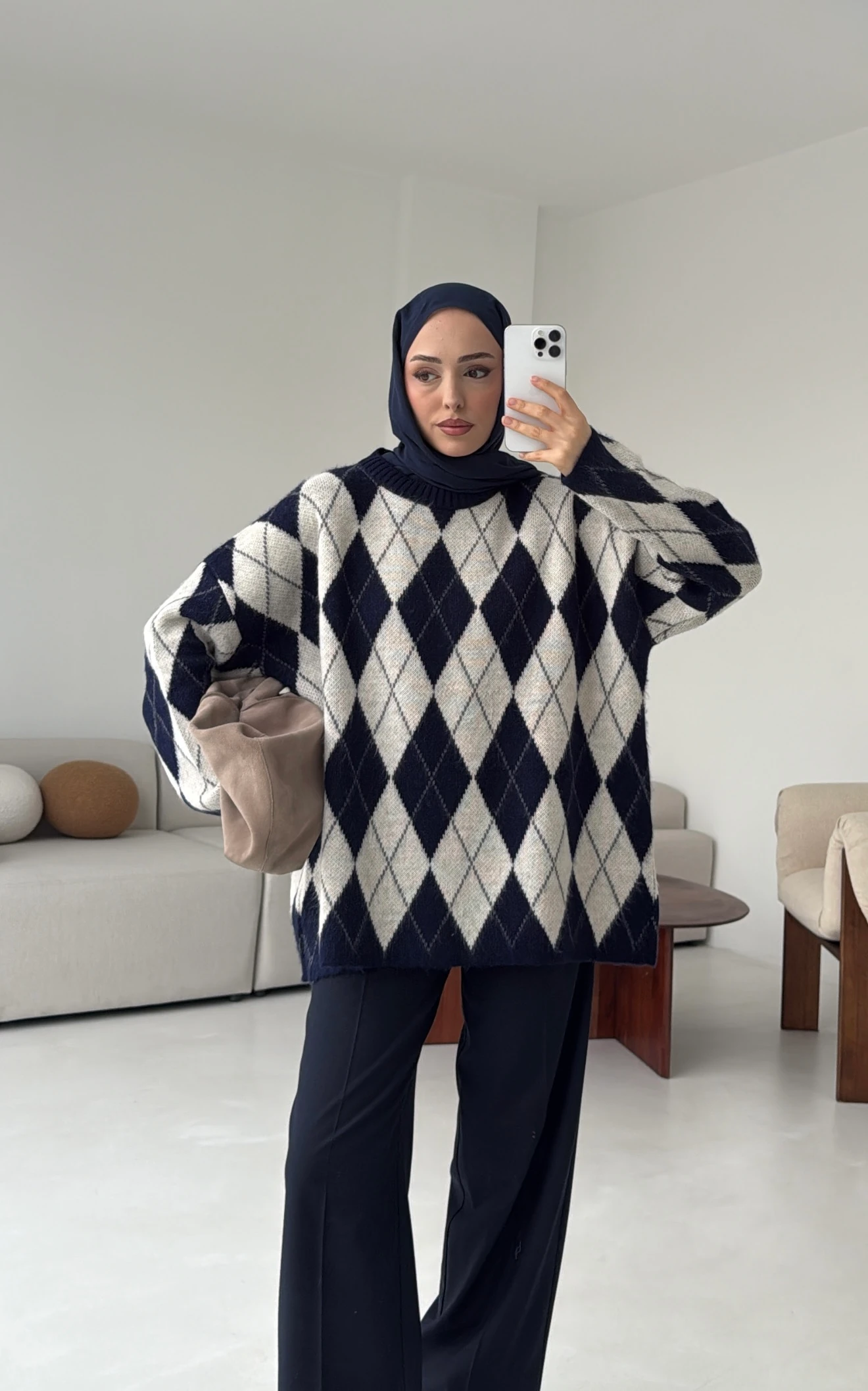 Premium Desenli Kalın Kazak Krem/Lacivert