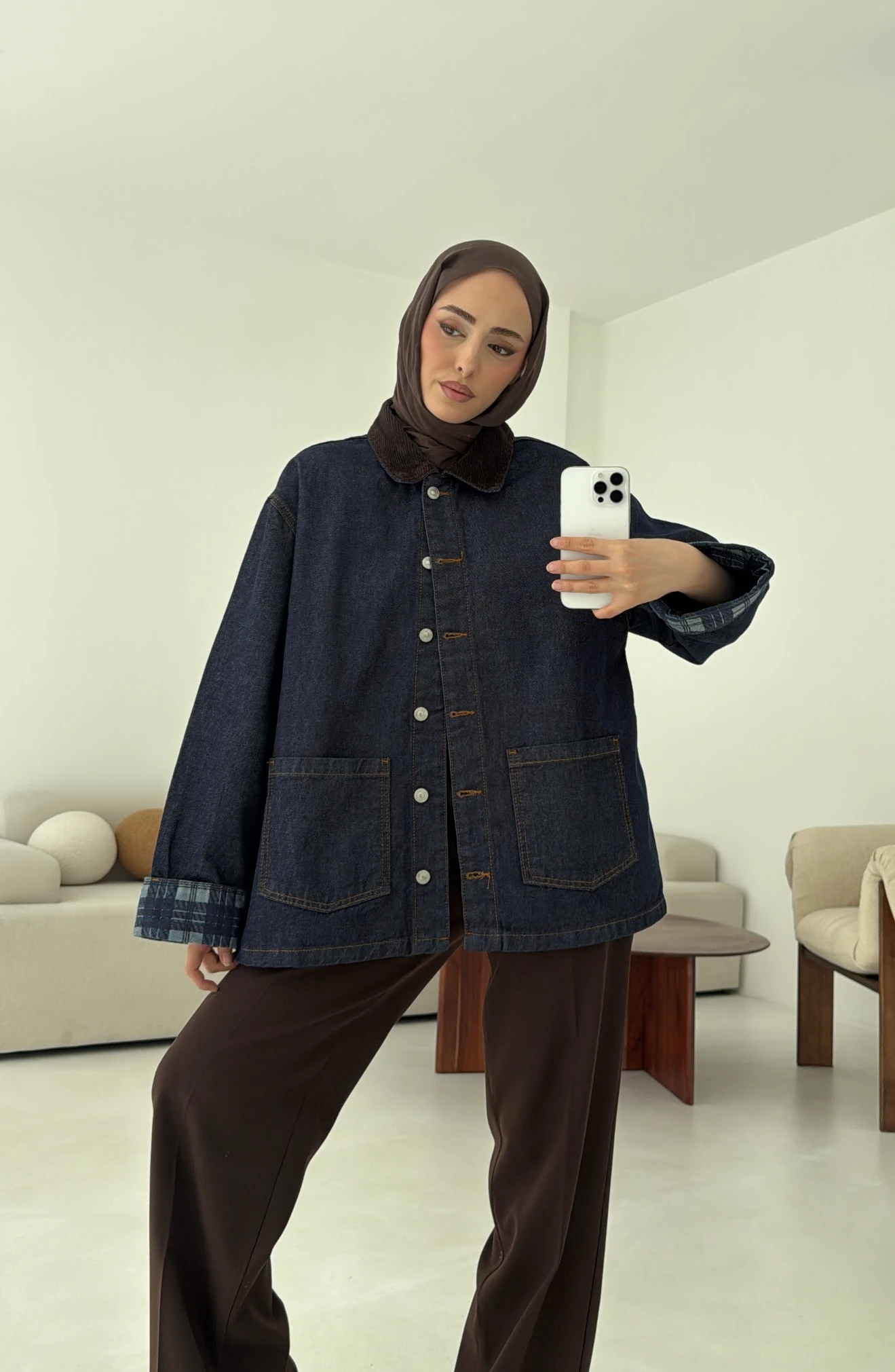 Astarı Ekose Detay Denim Ceket Mavi