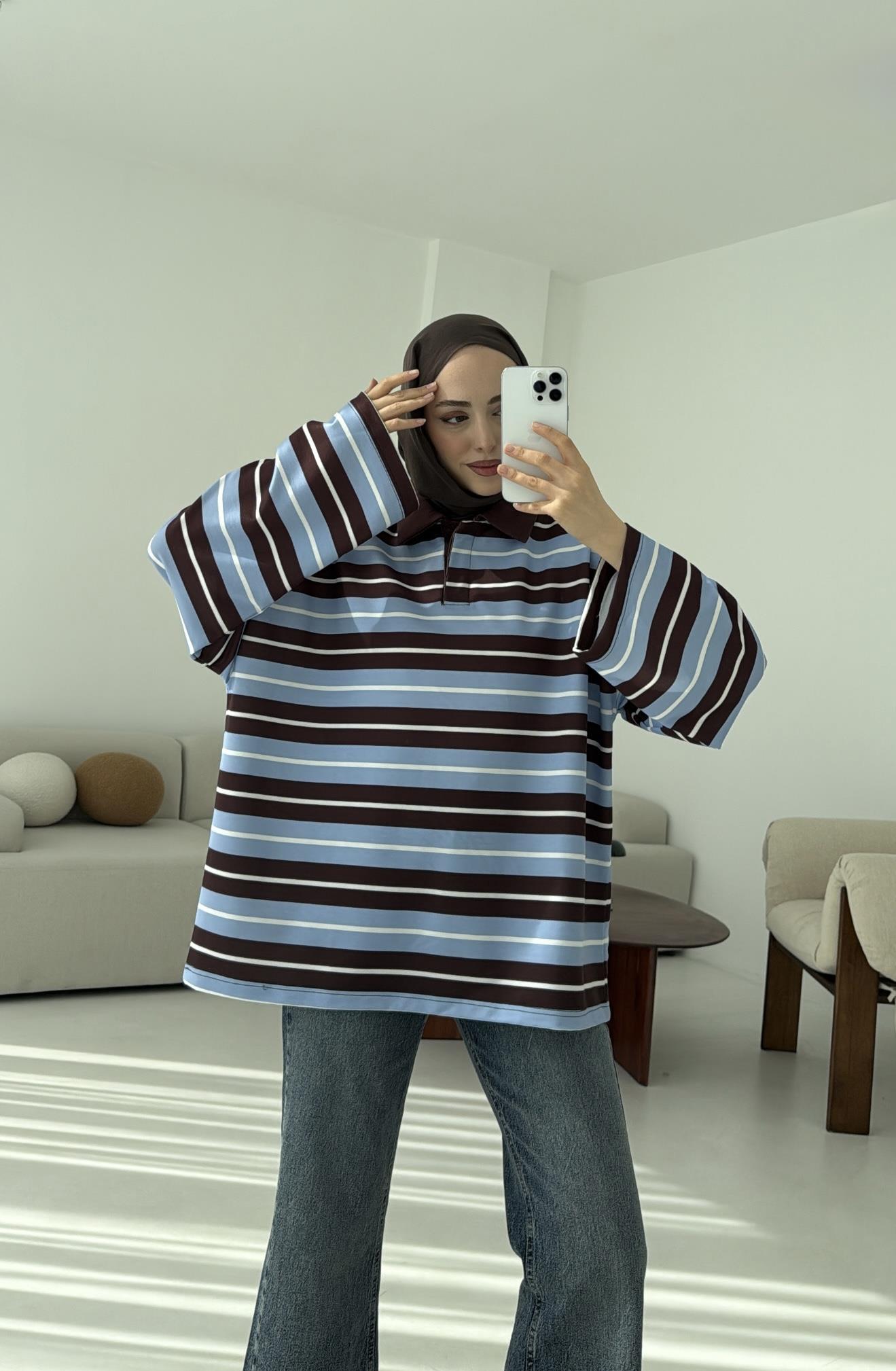 Mavi Çizgili Polo Yaka Sweatshrt