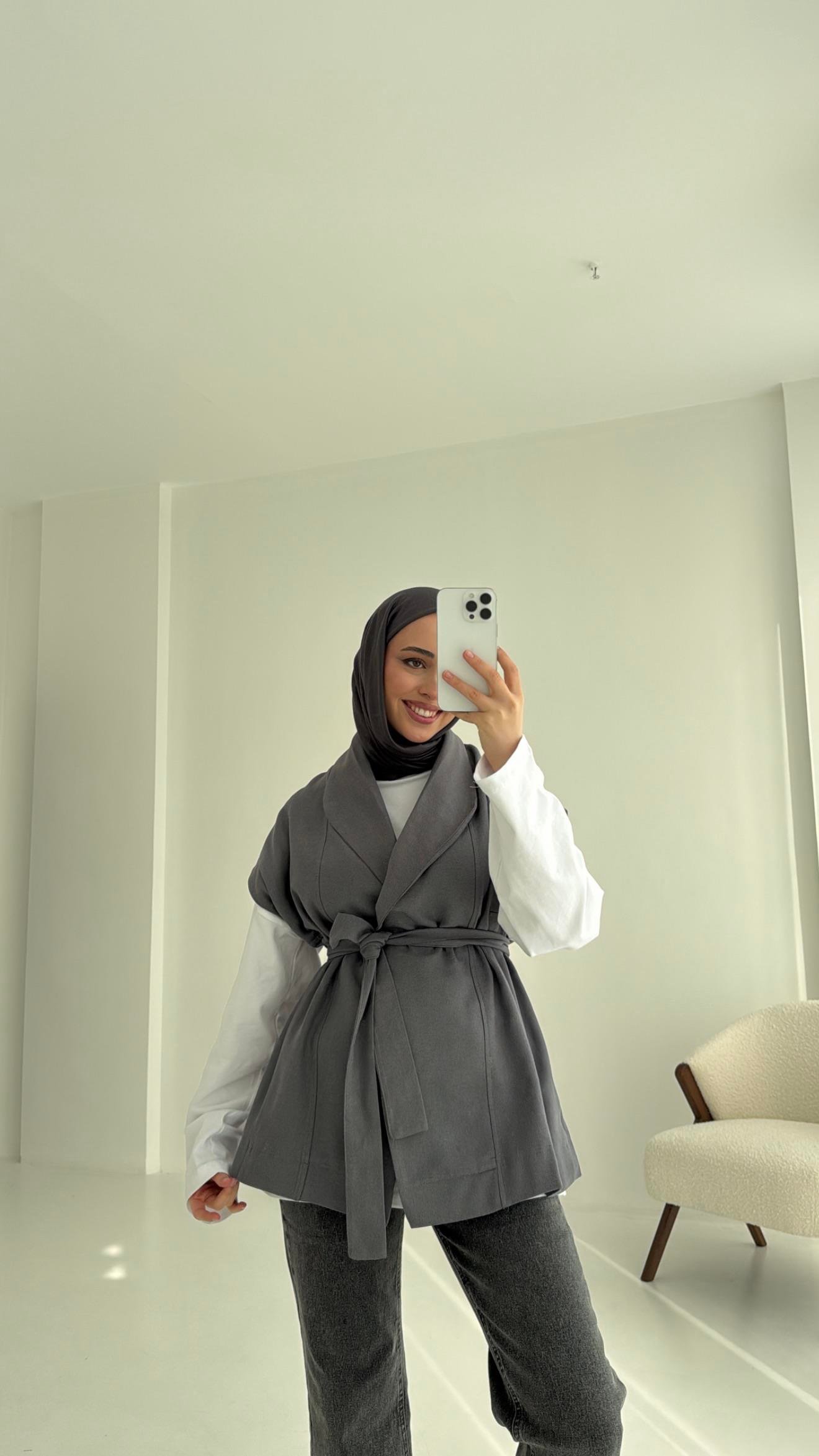 Gabardin Bağlamalı Yelek Gri