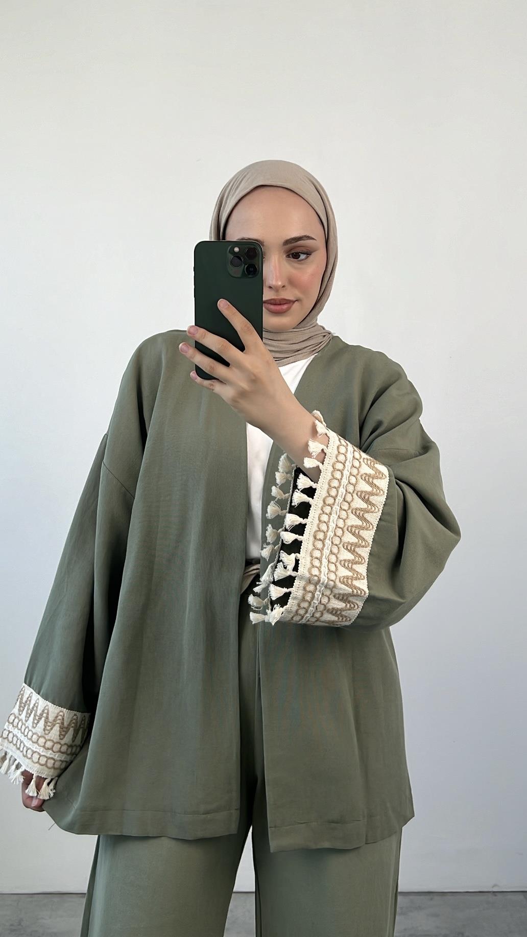 Kol Detay Kimonolu Keten Takım Yeşil