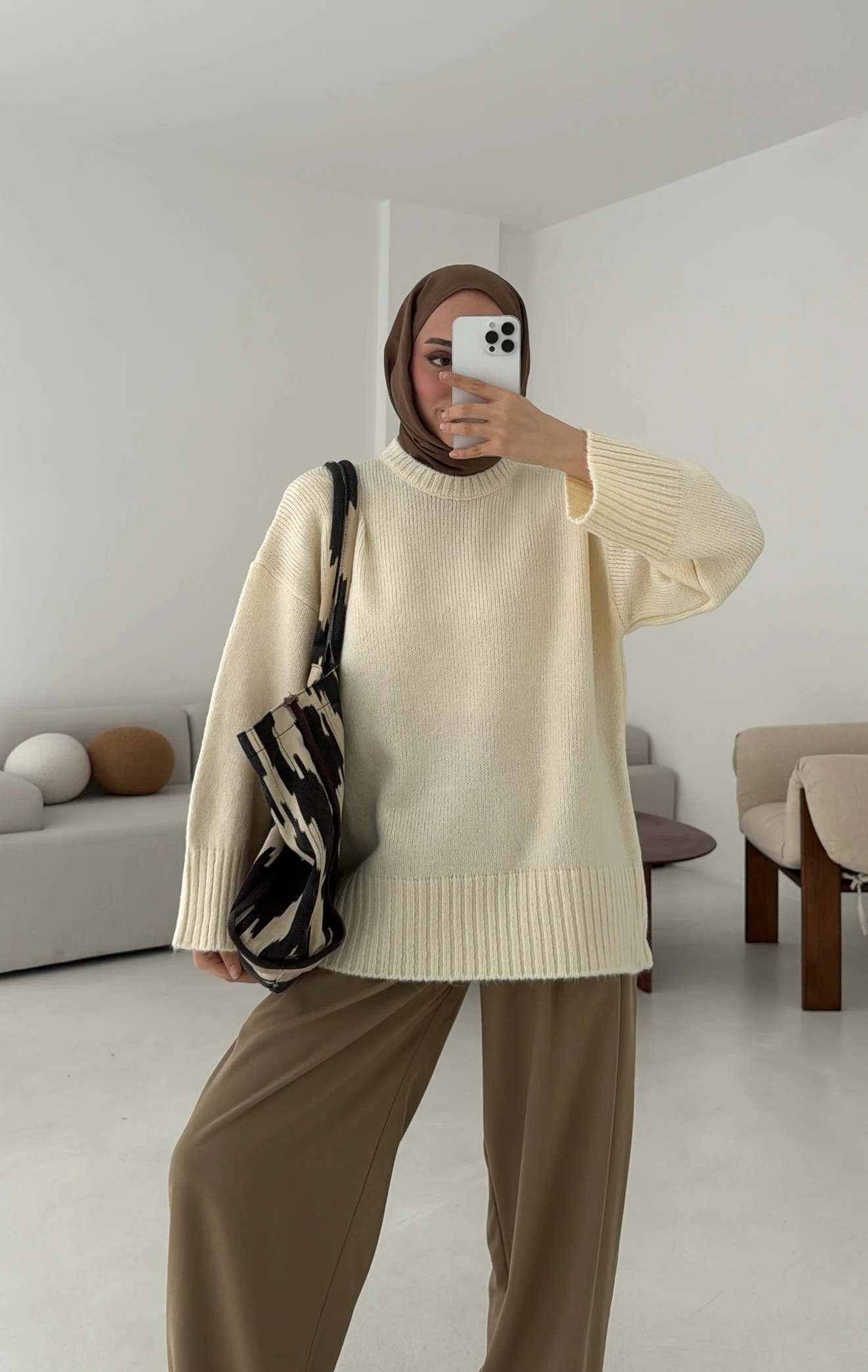 Çift Kat Triko Kazak Krem