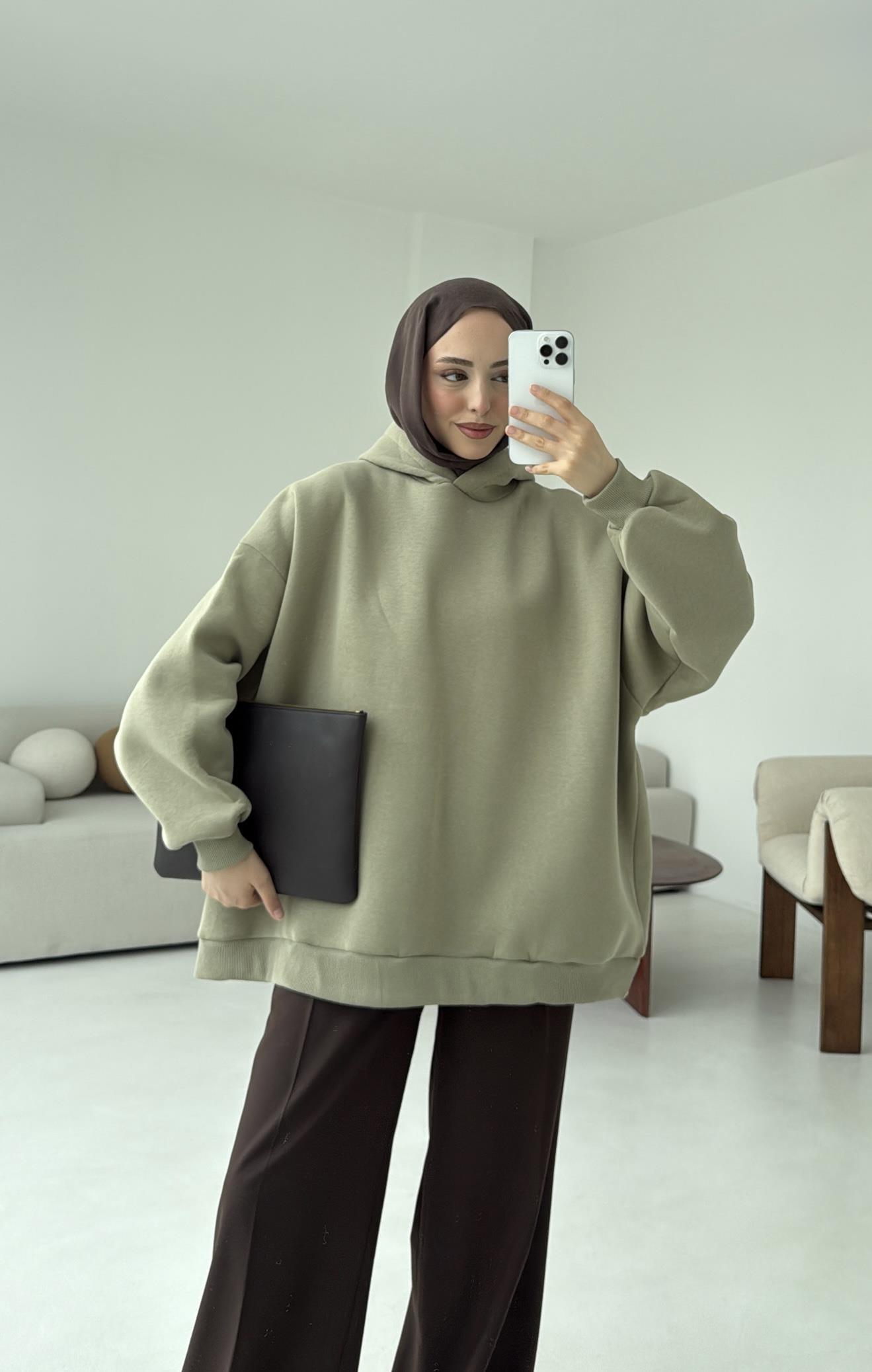 Kapüşonlu Oversize Şardonlu Sweatshirt Cagla