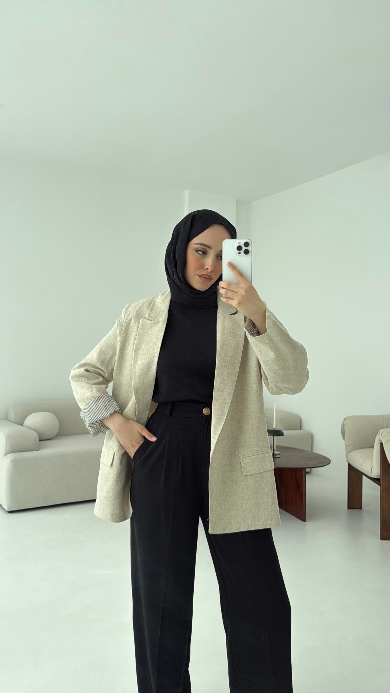 Keten Astarı Çizgili Blazer Ceket Natural