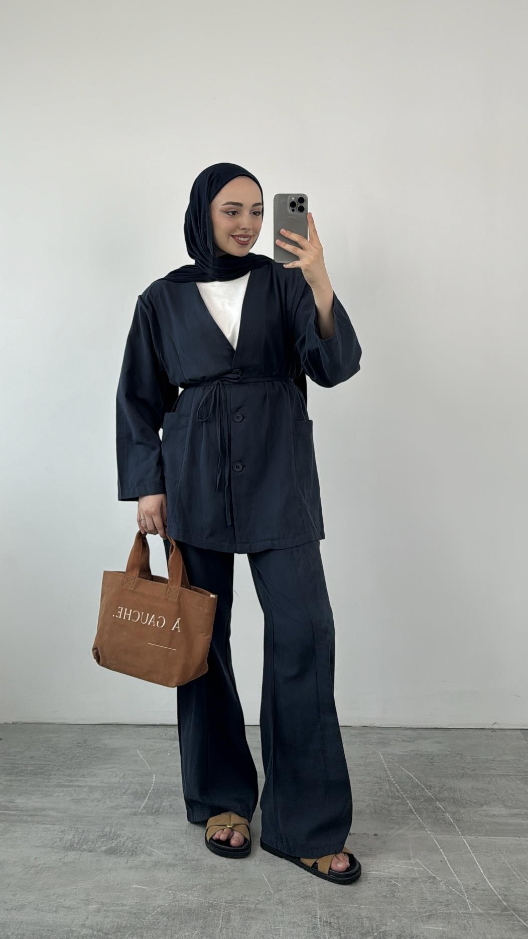 Düğmeli Kimonolu Takım Lacivert