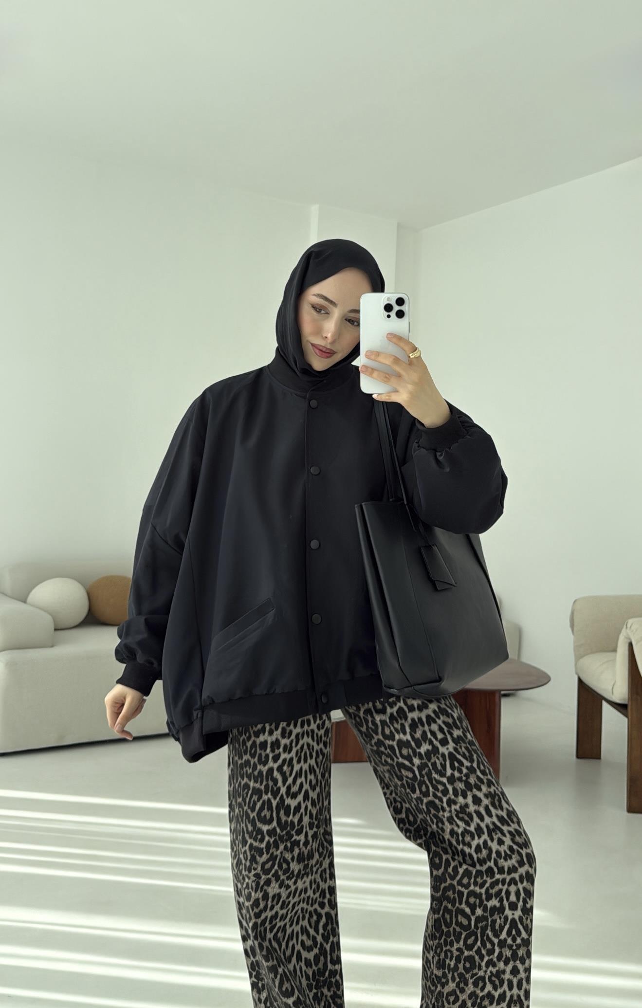 Overize Asimetrik Kesim Bomber Ceket Siyah