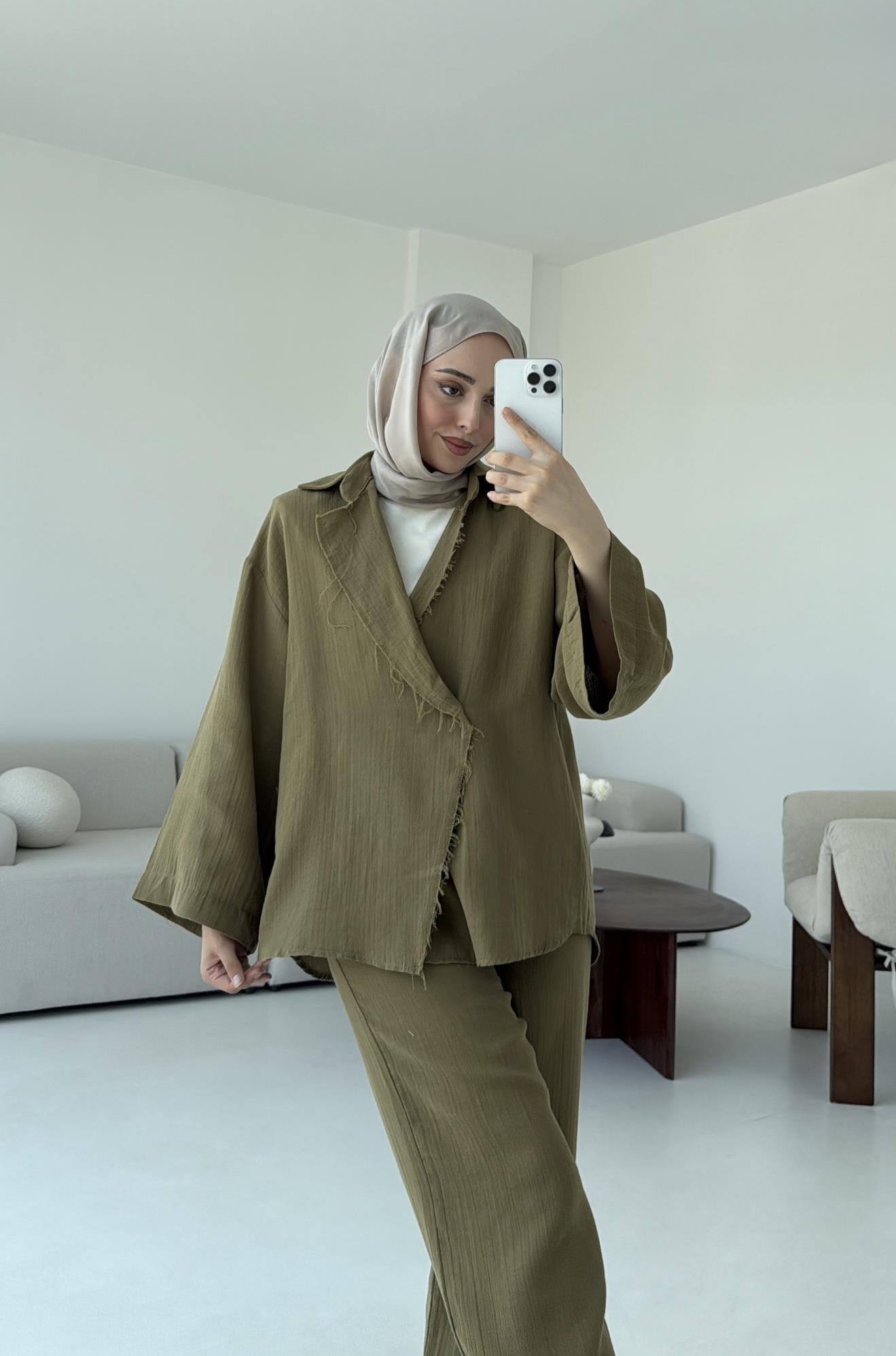 Müslin Düğmeli Kimono Takım Yeşil