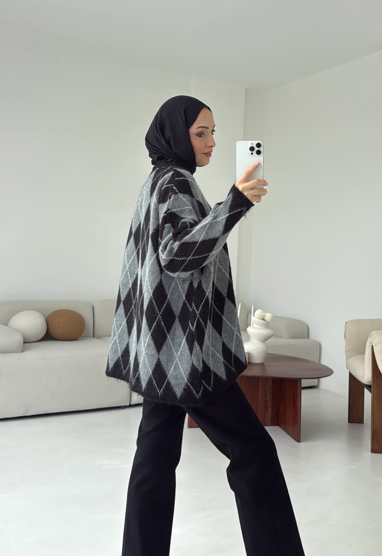 Premium Desenli Kalın Kazak Gri/Siyah