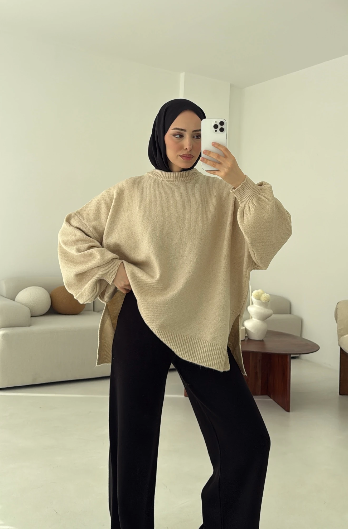 Yırtmaç Detay Balon Kol Kazak Bej