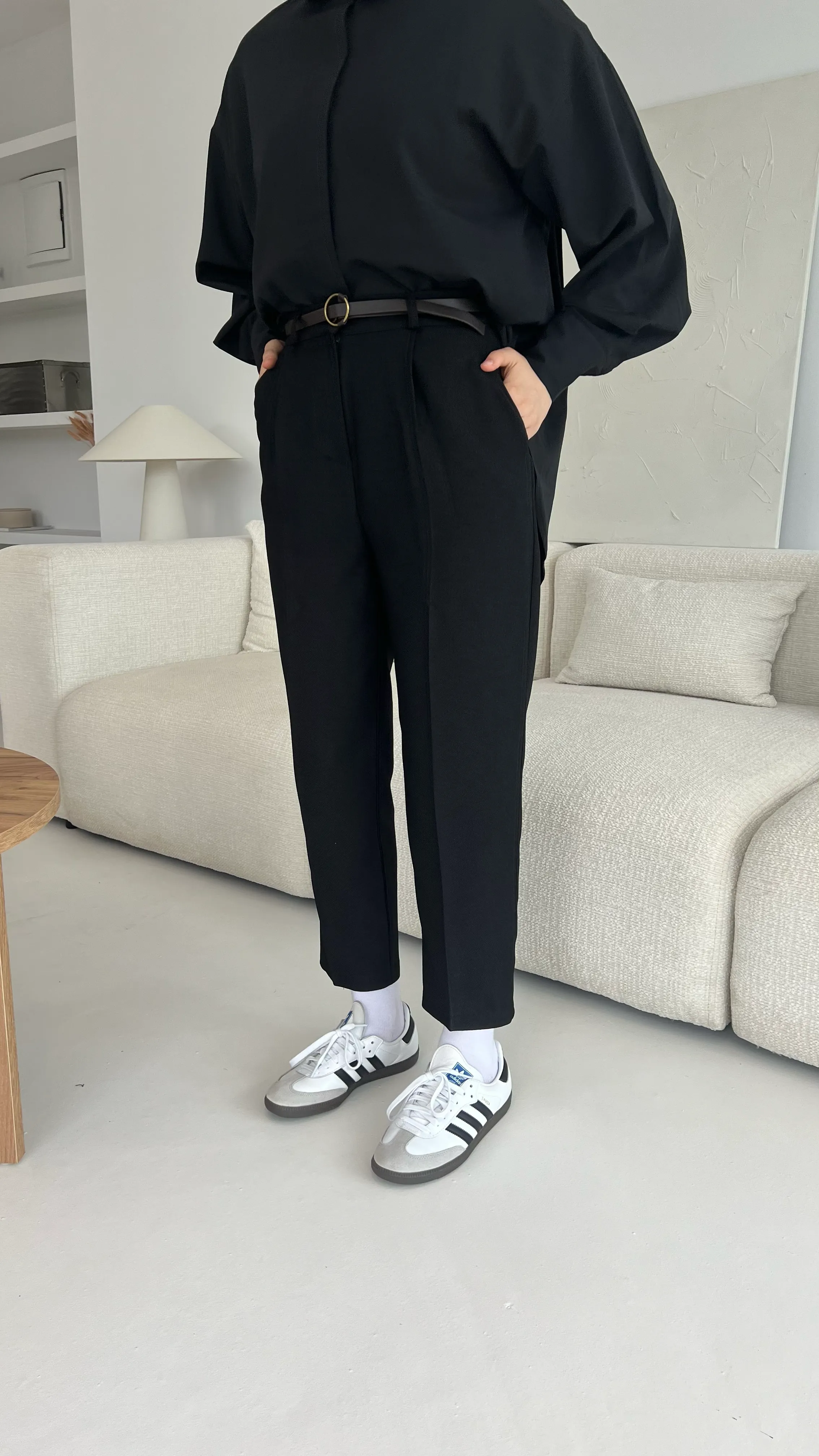 Kemerli Kumaş Pantolon Siyah