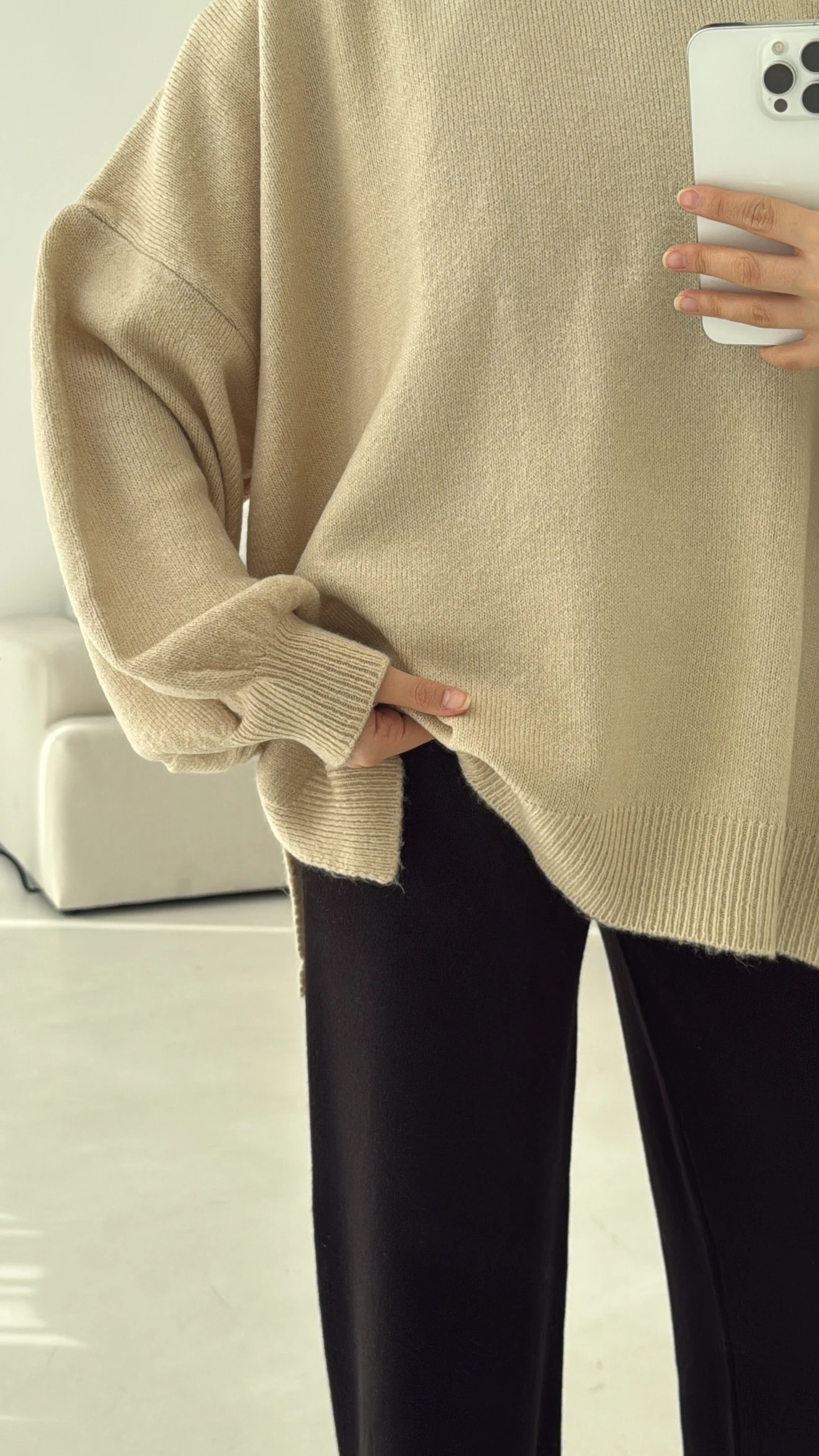 Yırtmaç Detay Balon Kol Kazak Bej