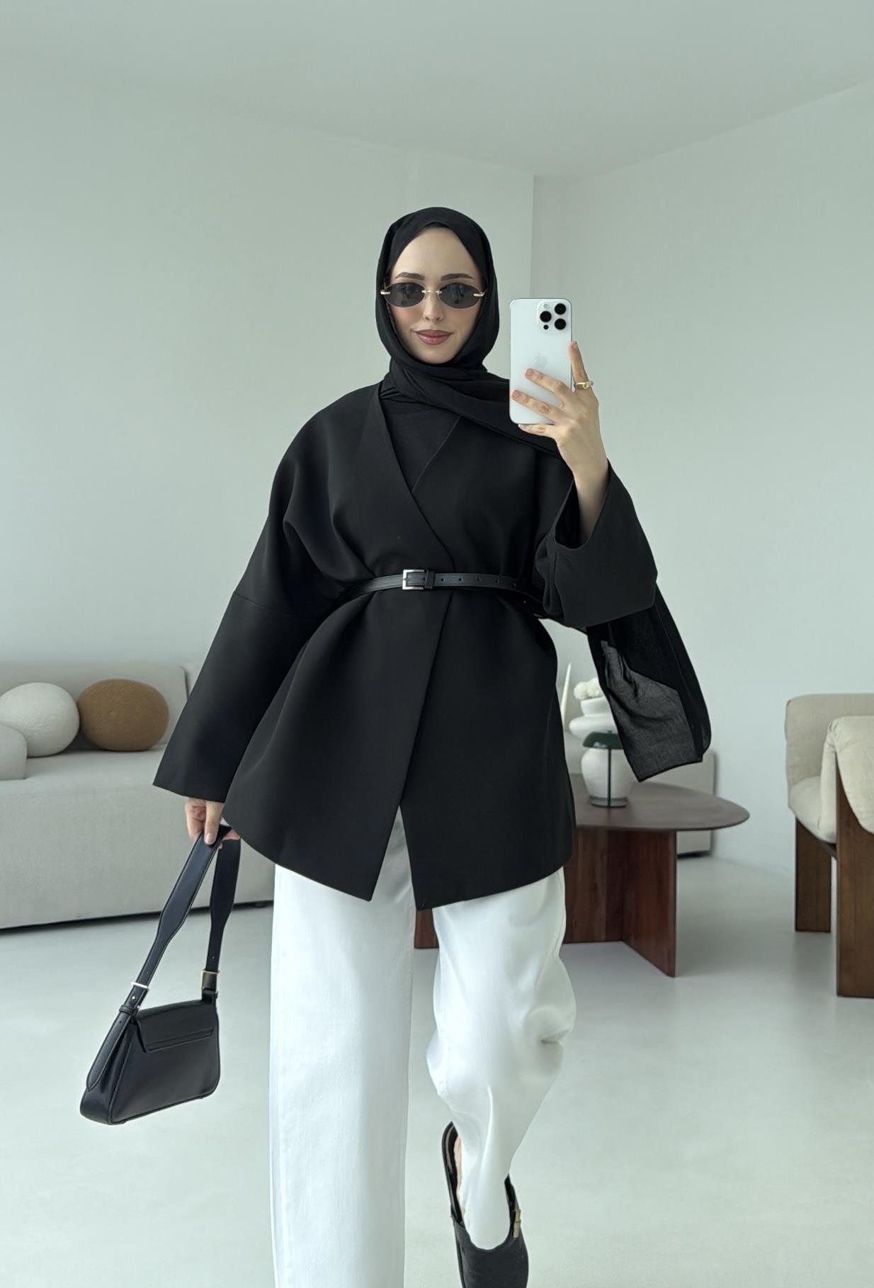 Deri Kemer Detay Oversize Ceket Siyah