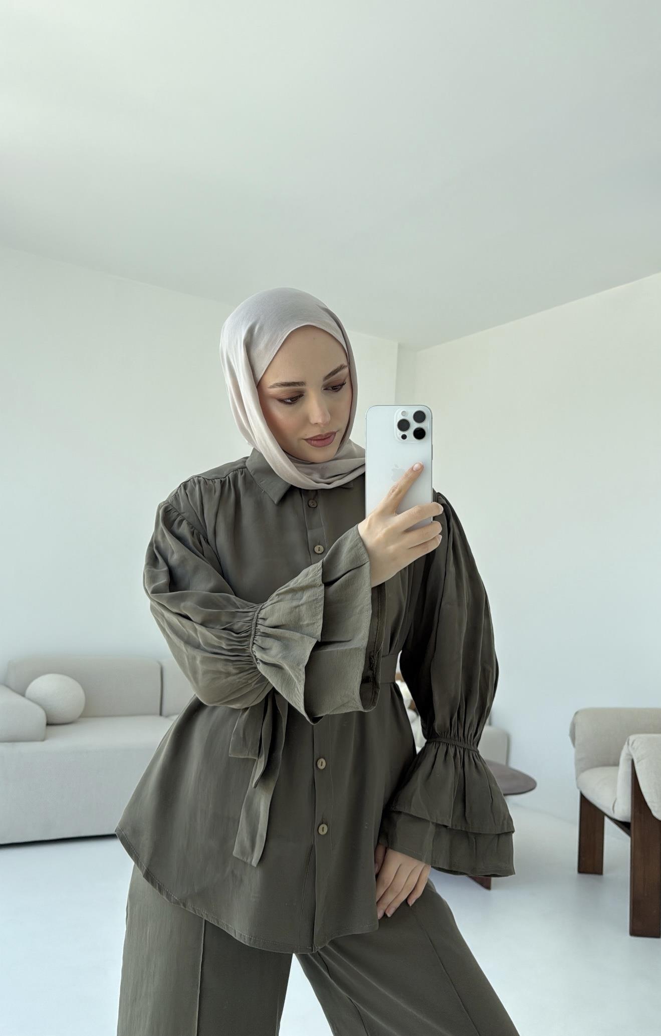 Büzgülü Oversize Gömlek Takım Haki