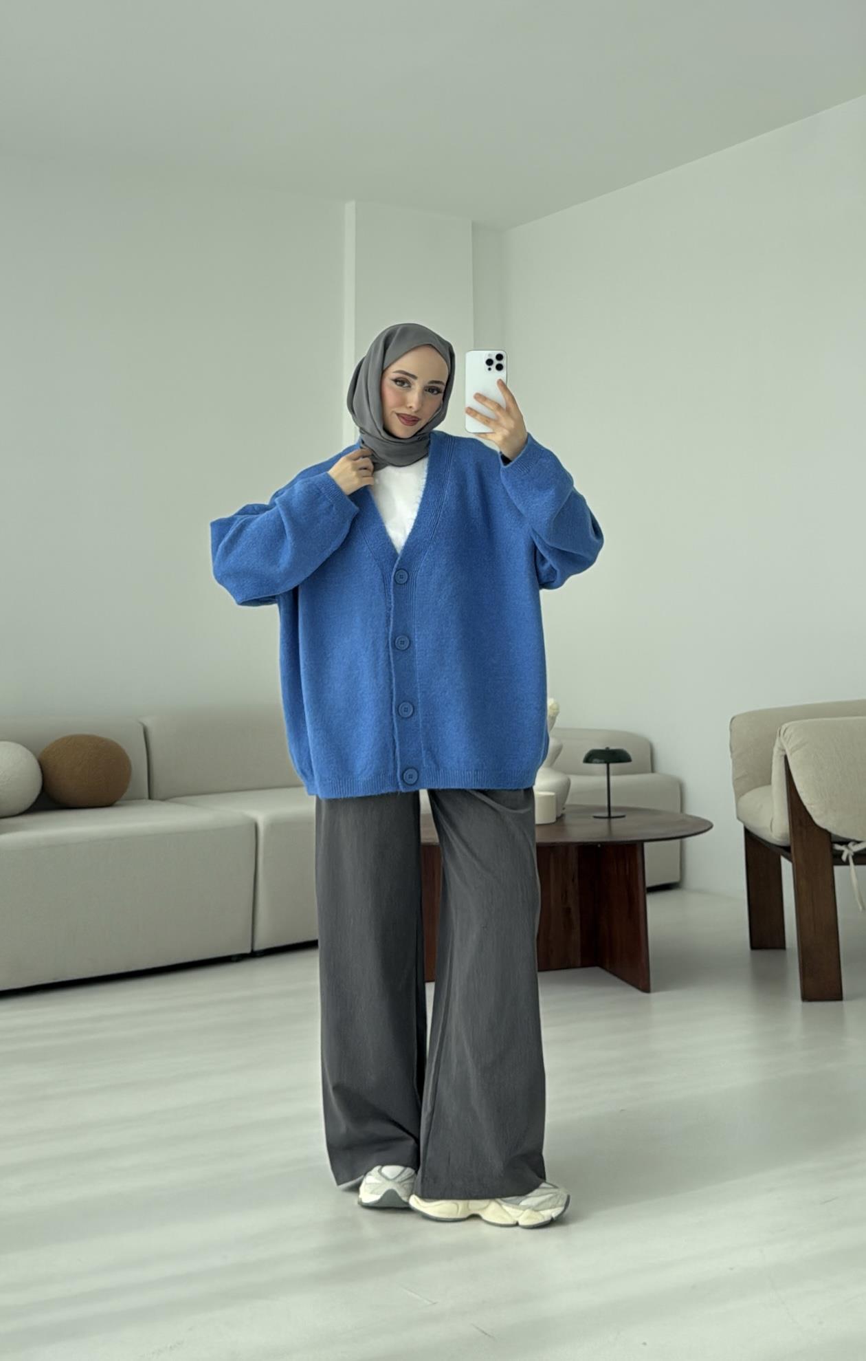 Oversize Yünlü Kazak Mavi
