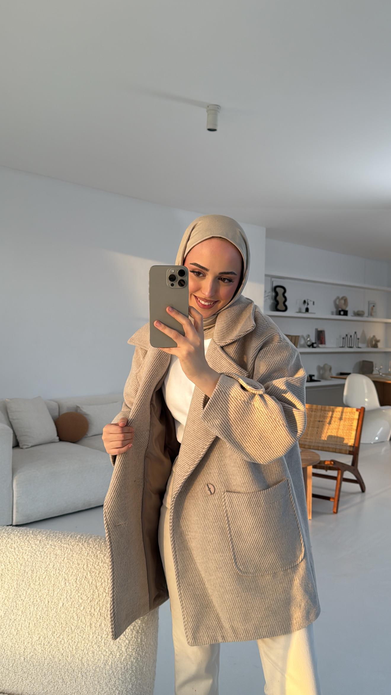Kendinden Çizgili Oversize Kaşe Kaban Bej