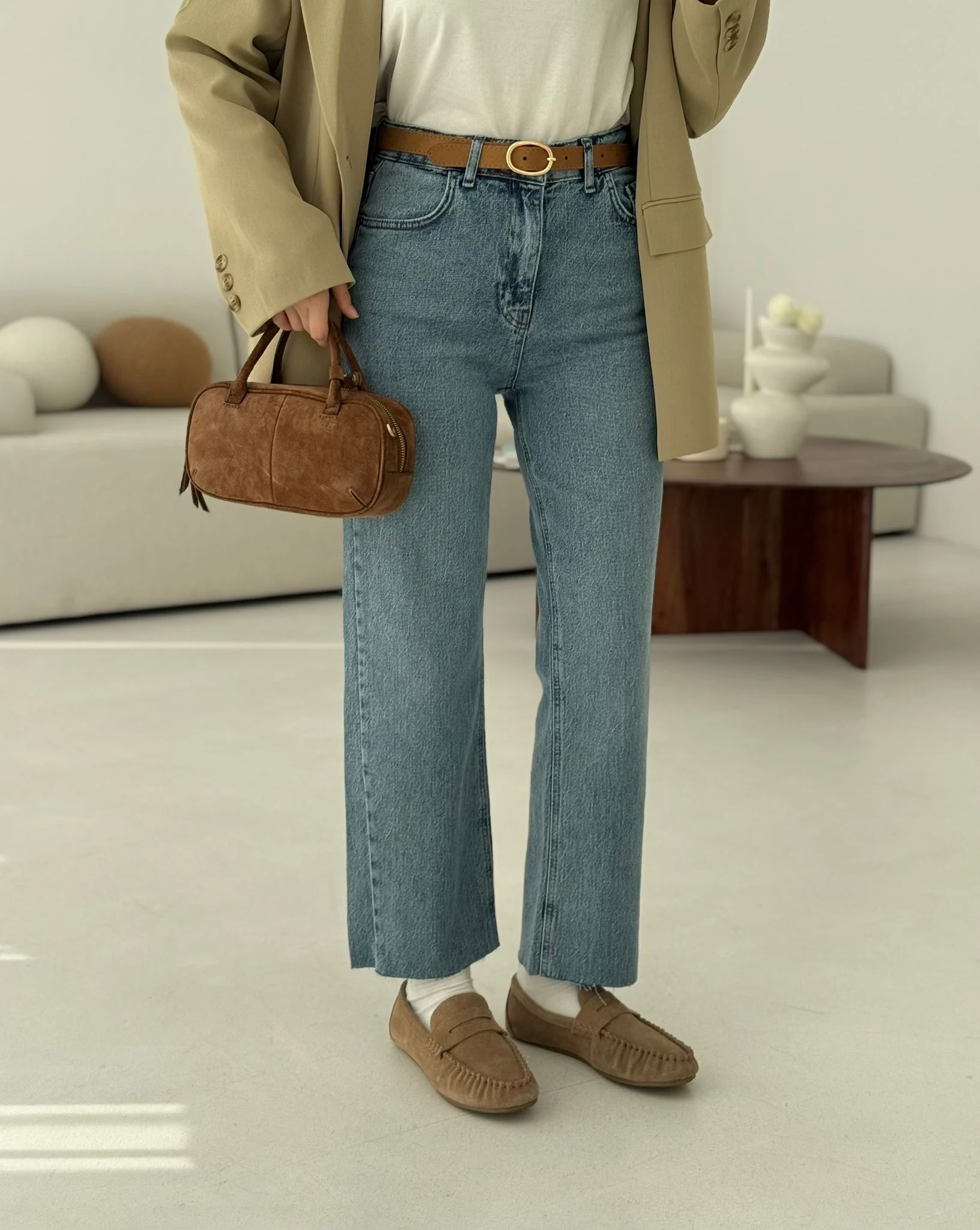 Premium Paçası Kesik Jean Taba Kemerli