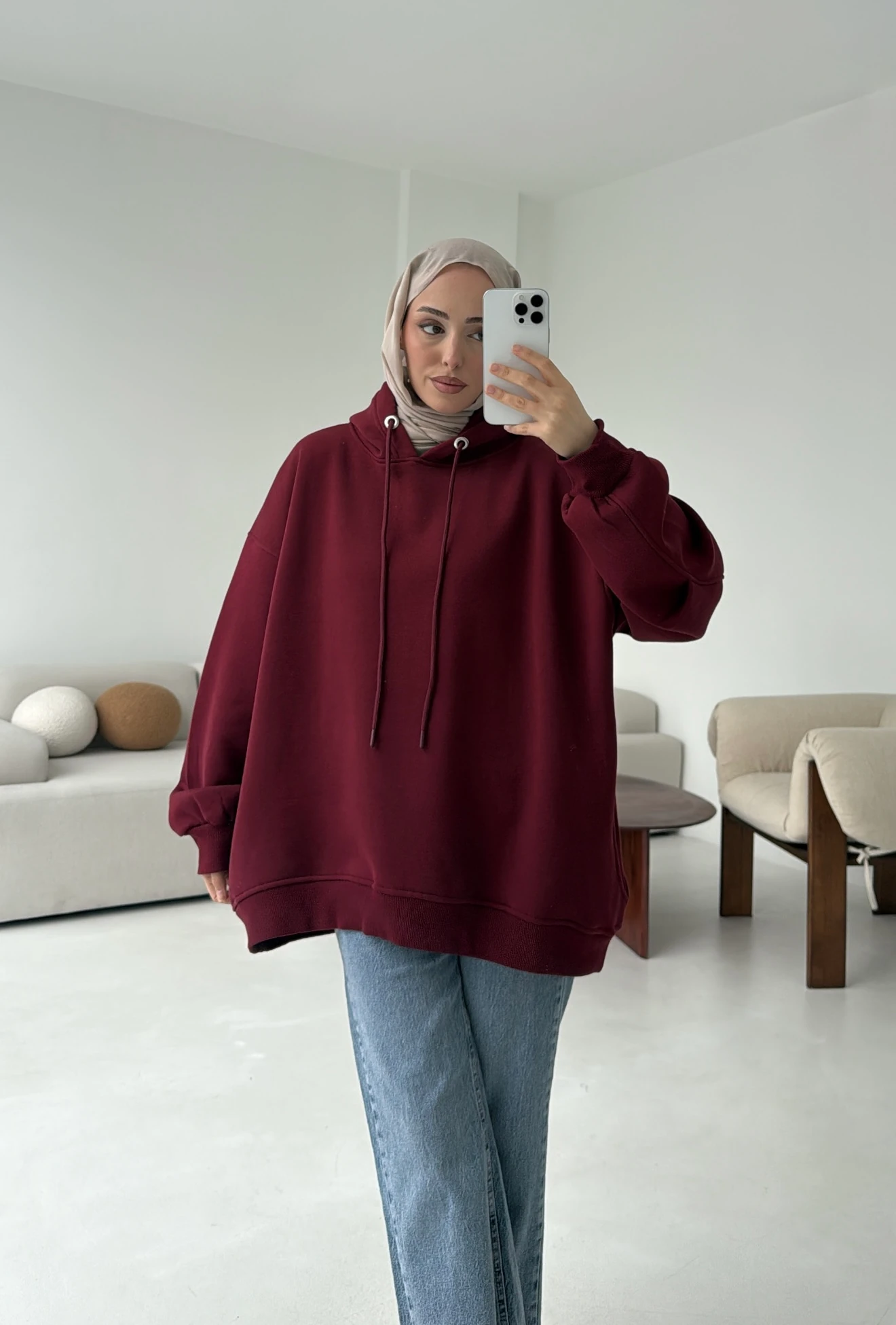 Kolu Pile Detay Oversize Sweatshirt Bordo
