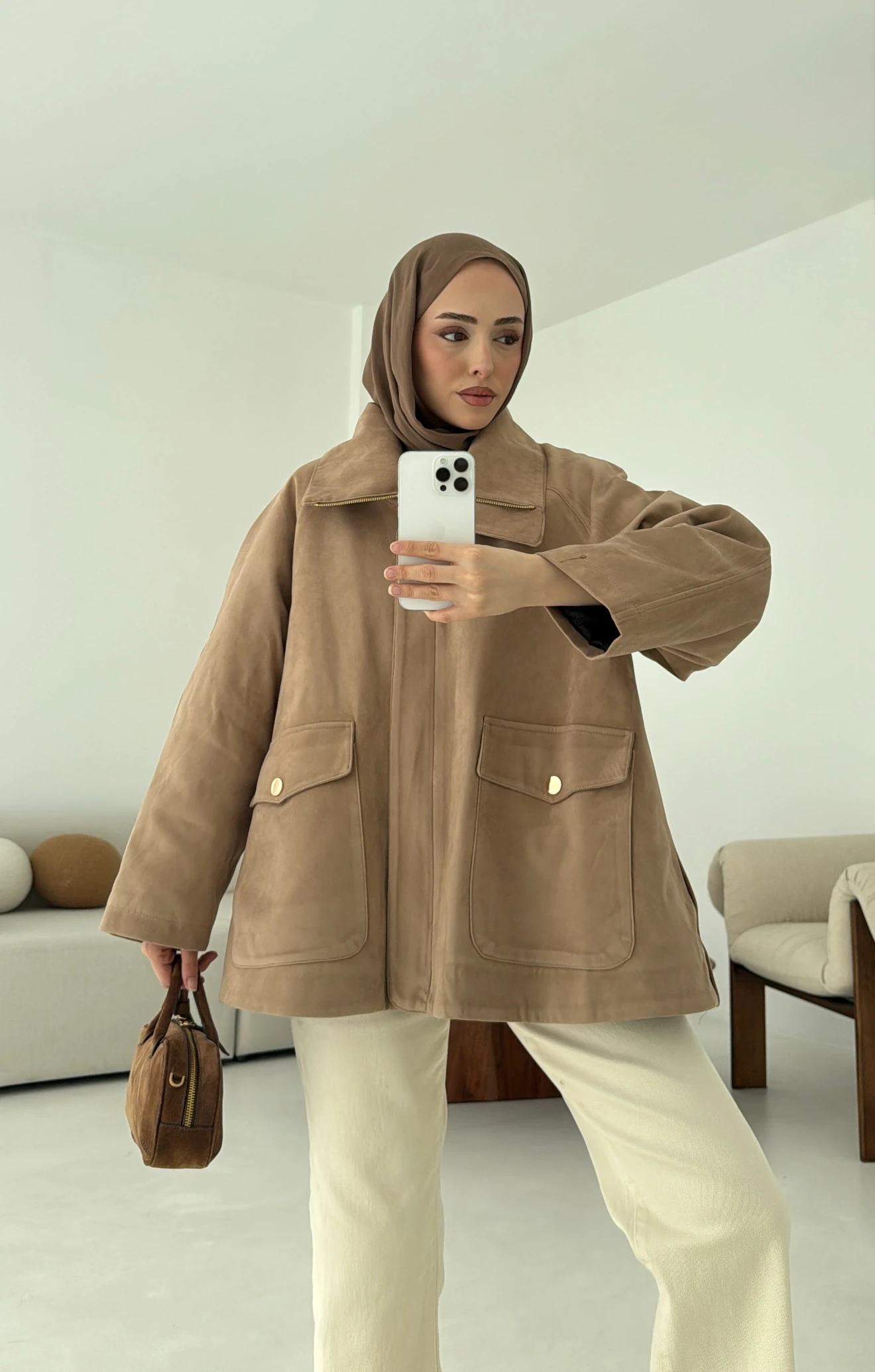 Oversize Dolgulu Süet Ceket Bej