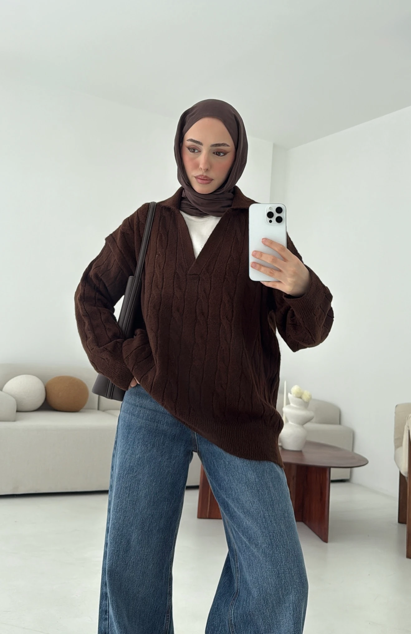 Polo Yaka Örgü Kazak Kahve