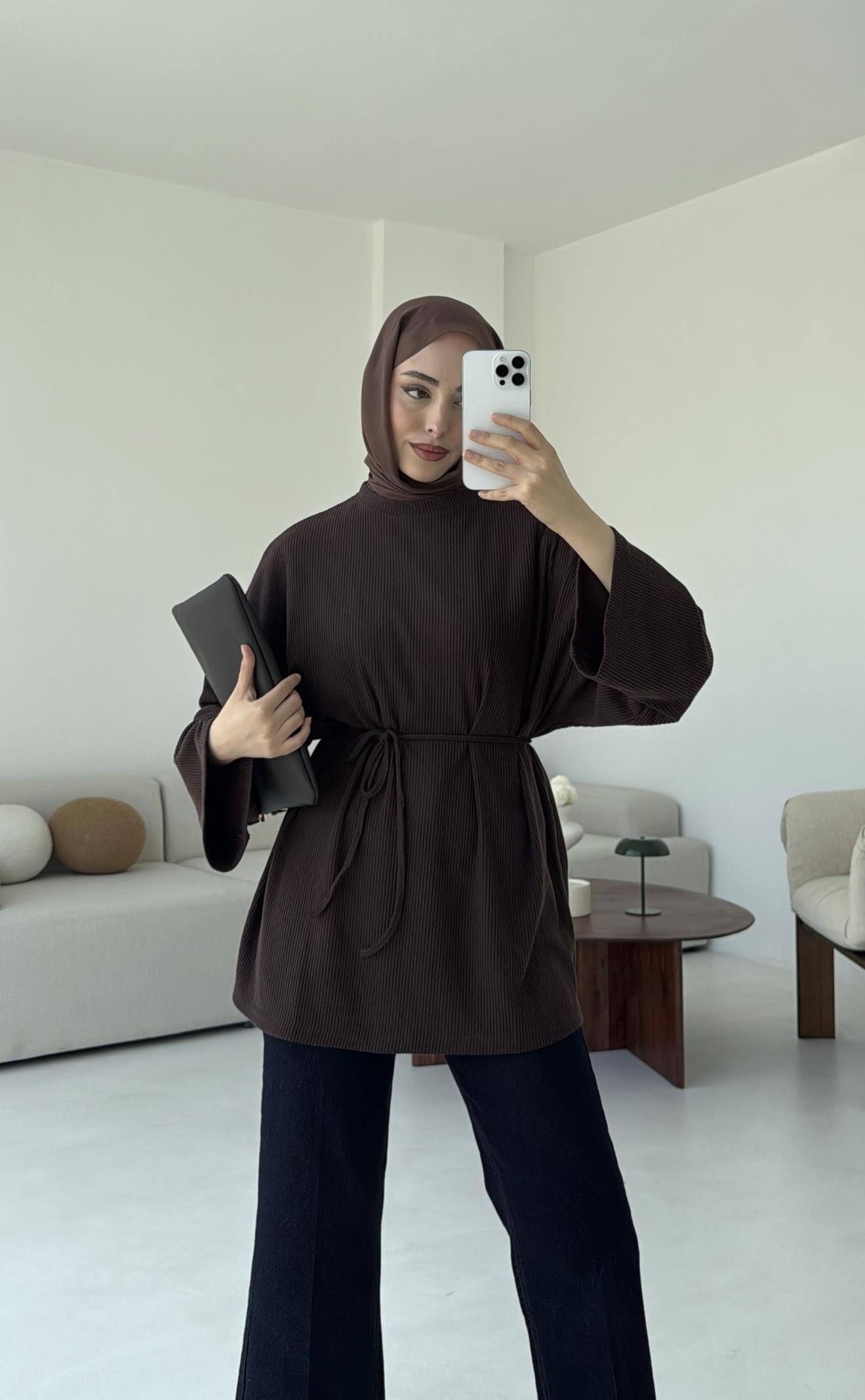 Biyeli Kaşkorse Tunik Kahve