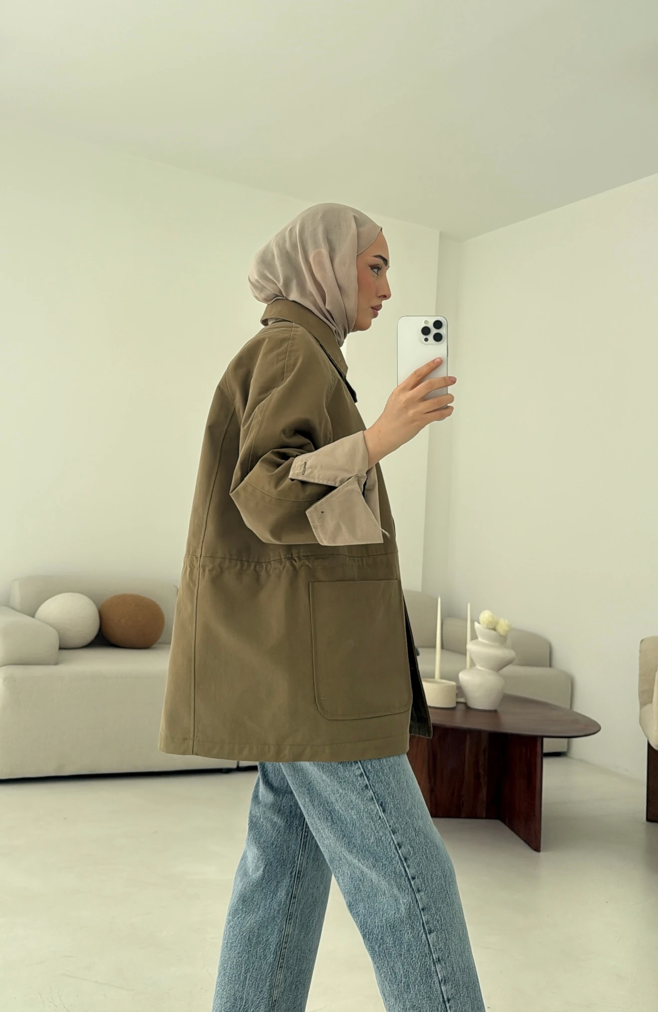 Beli Kordonlu Dolgulu Ceket Haki