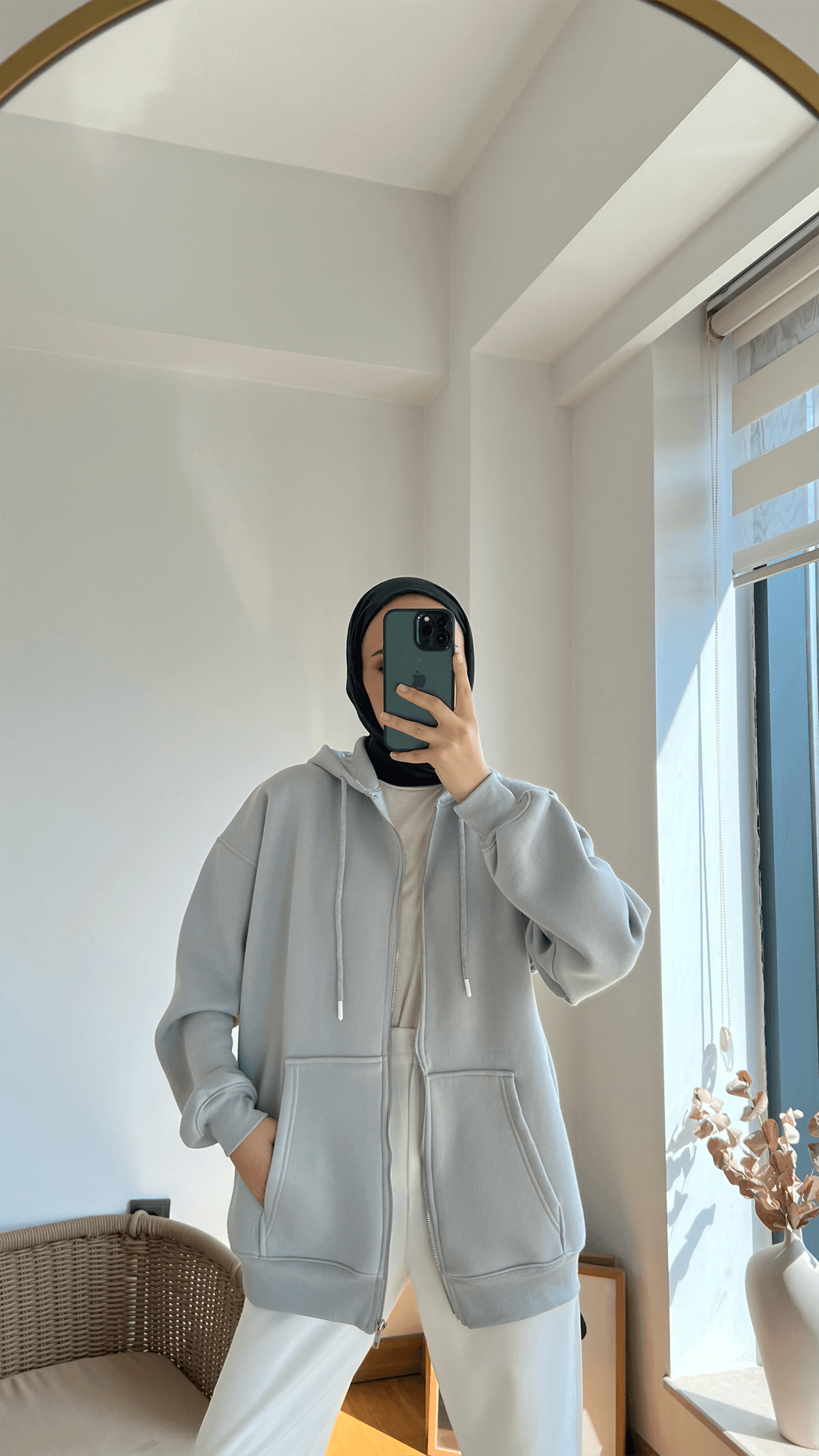 Şardonlu Kapüşonlu Sweatshirt Gri