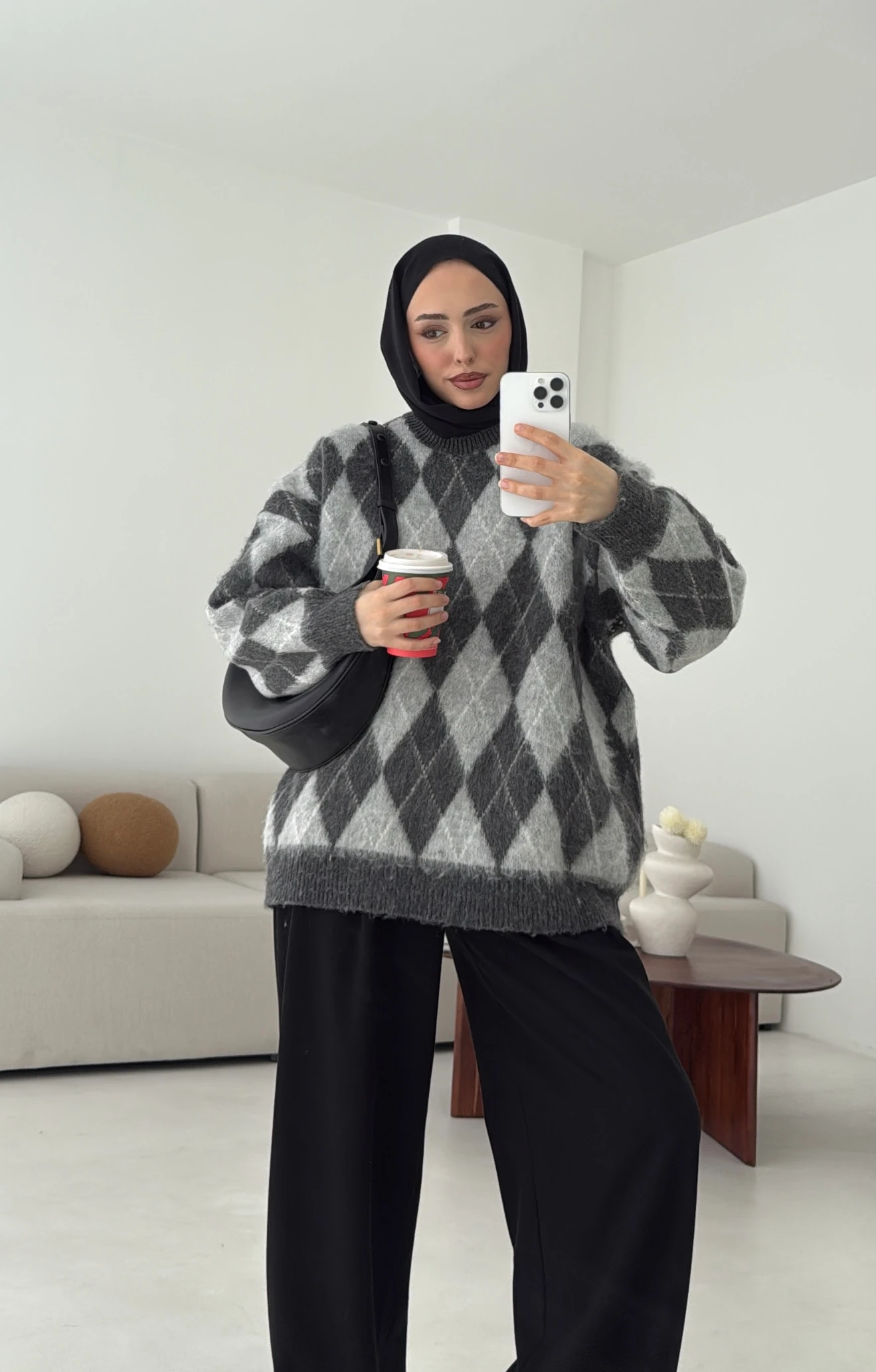 Baklava Desen Şardonlu Kazak Gri