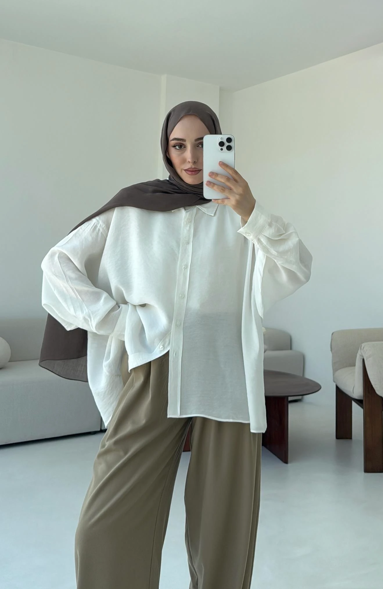 Tencel Pis Dikiş Oversize Beyaz Gömlek