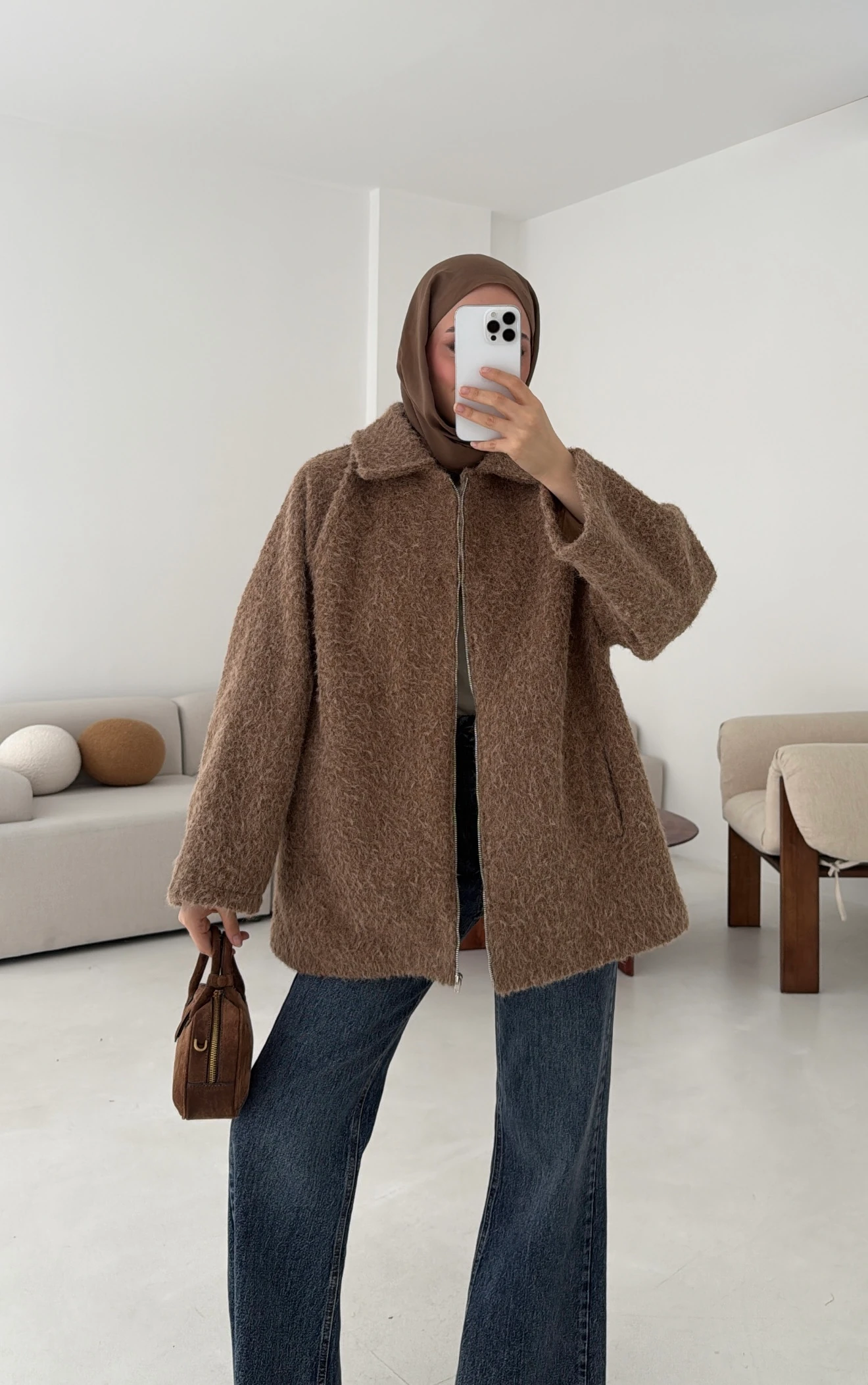 Kırçıllı Fermuarlı Kaban Kahve